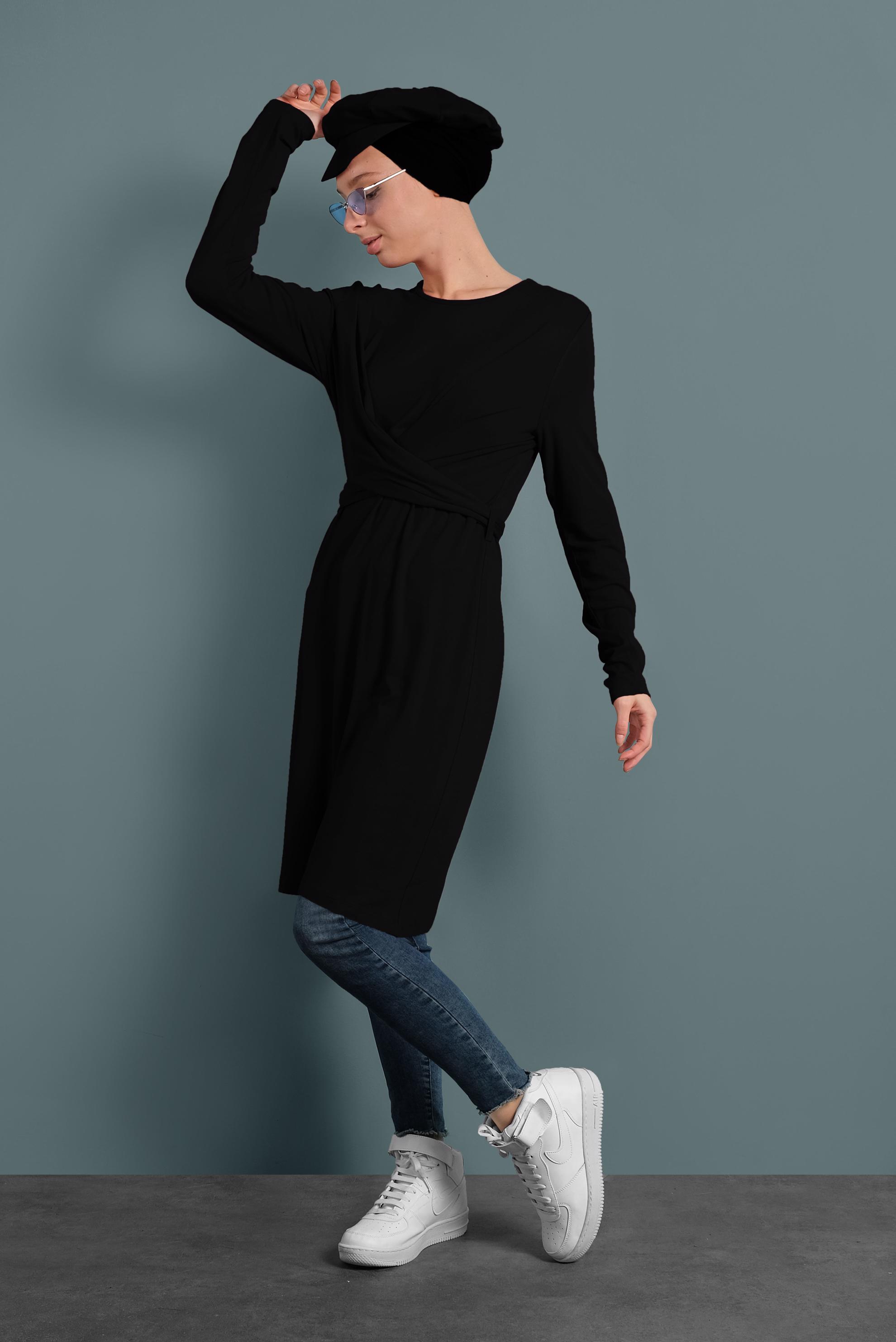 Tesettür giyim SİYAH ÇAPRAZ BAĞLAMALI TUNİK 40321 