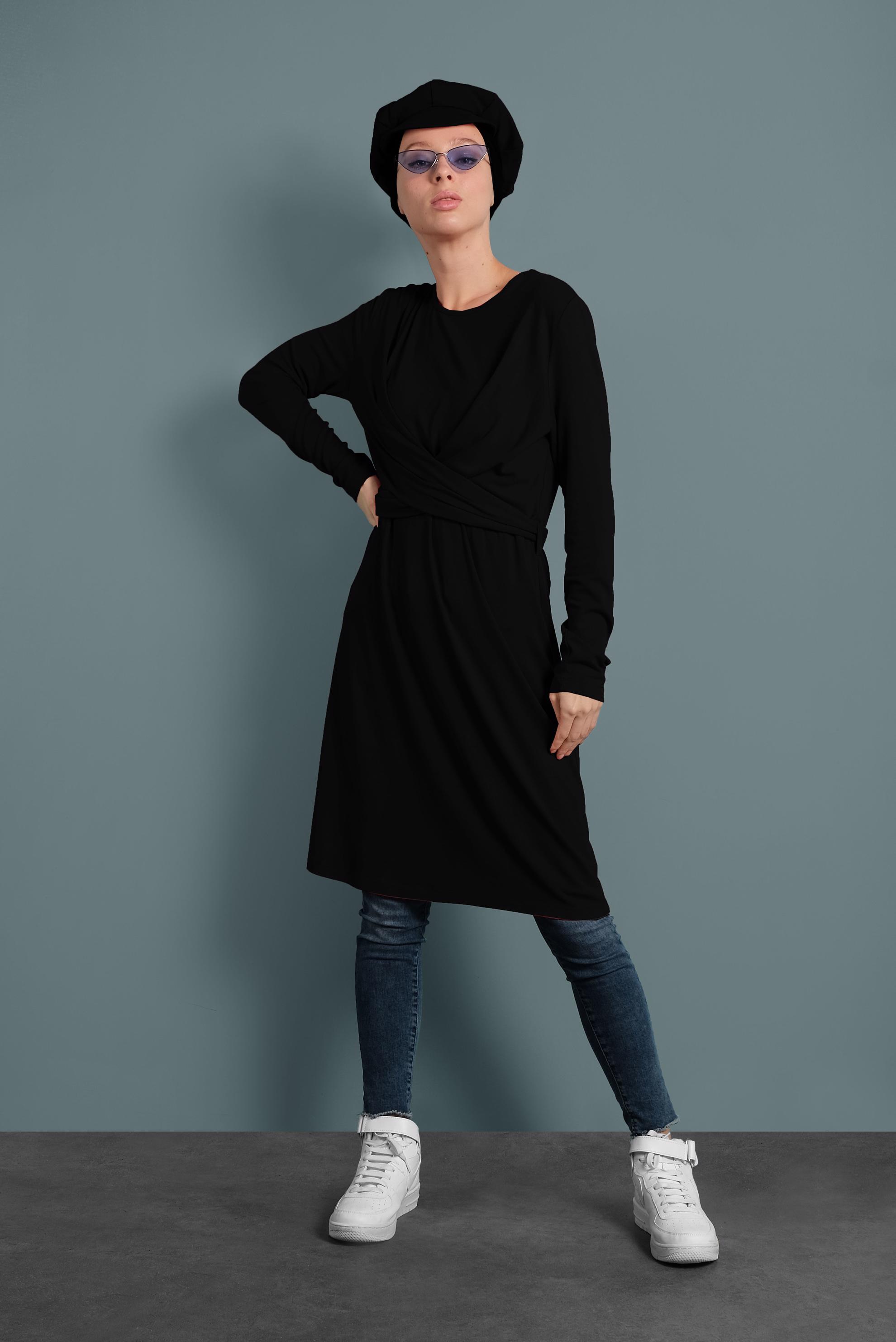 Tesettür giyim SİYAH ÇAPRAZ BAĞLAMALI TUNİK 40321 