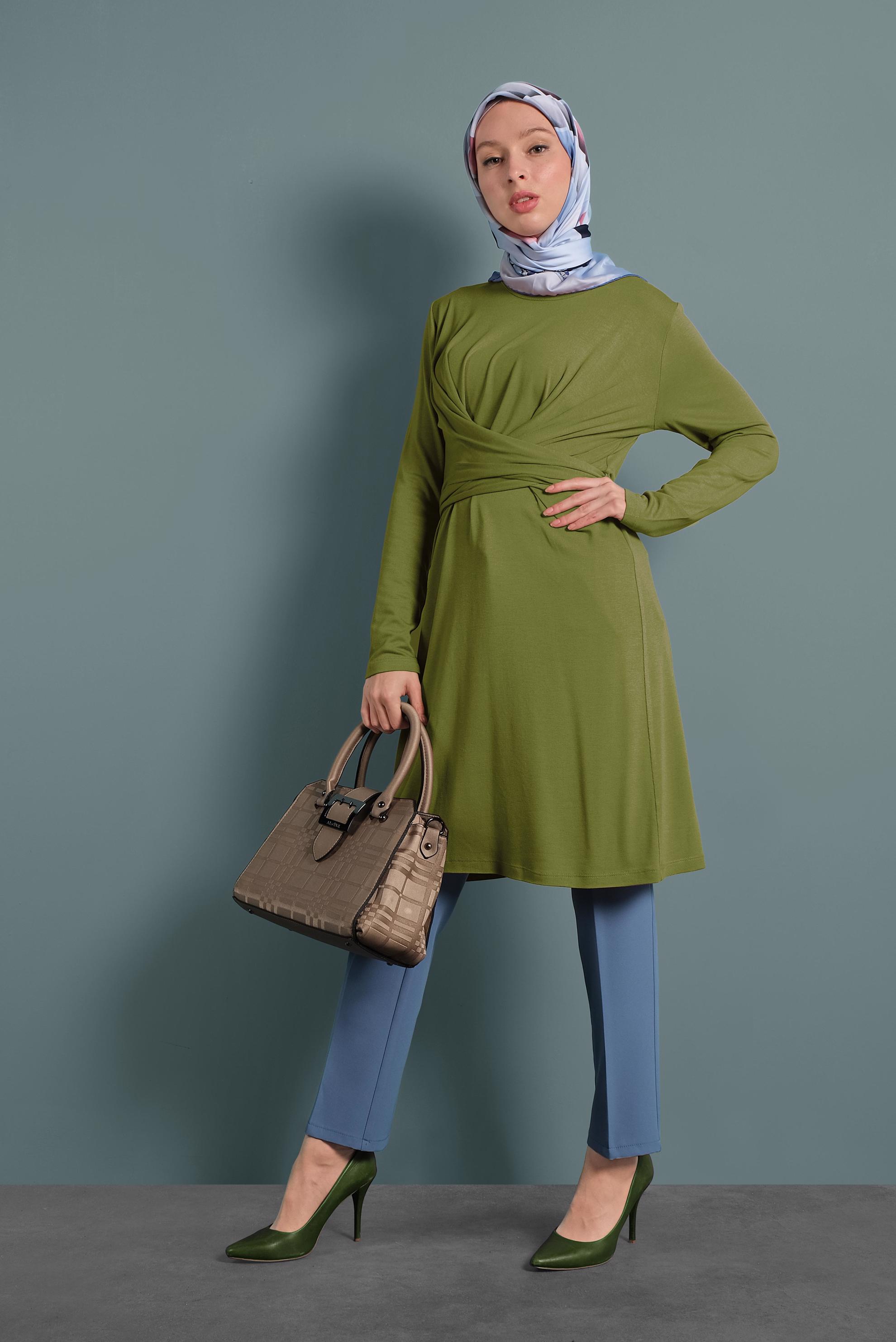 Tesettür giyim YEŞİL ÇAPRAZ BAĞLAMALI TUNİK 40321 