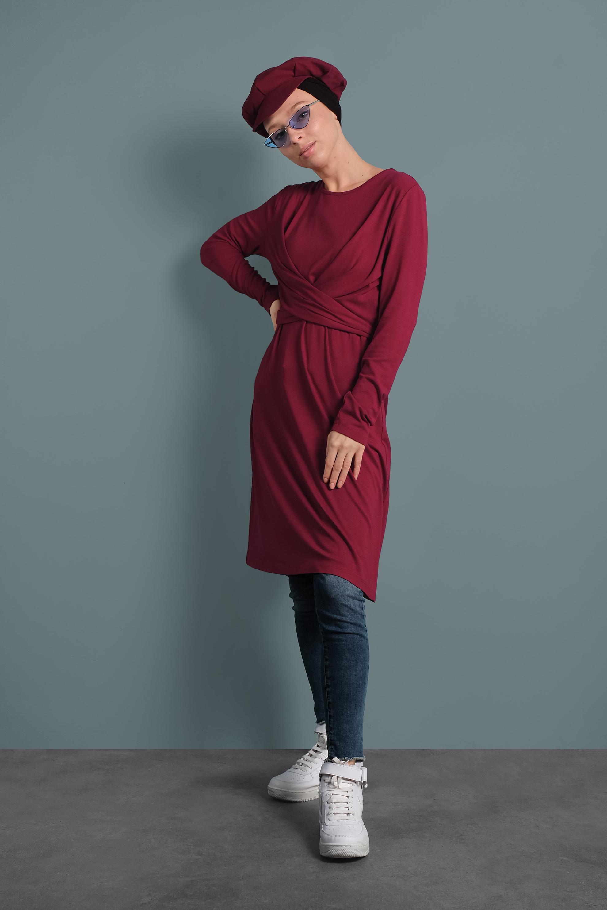 Tesettür giyim BORDO ÇAPRAZ BAĞLAMALI TUNİK 40321 