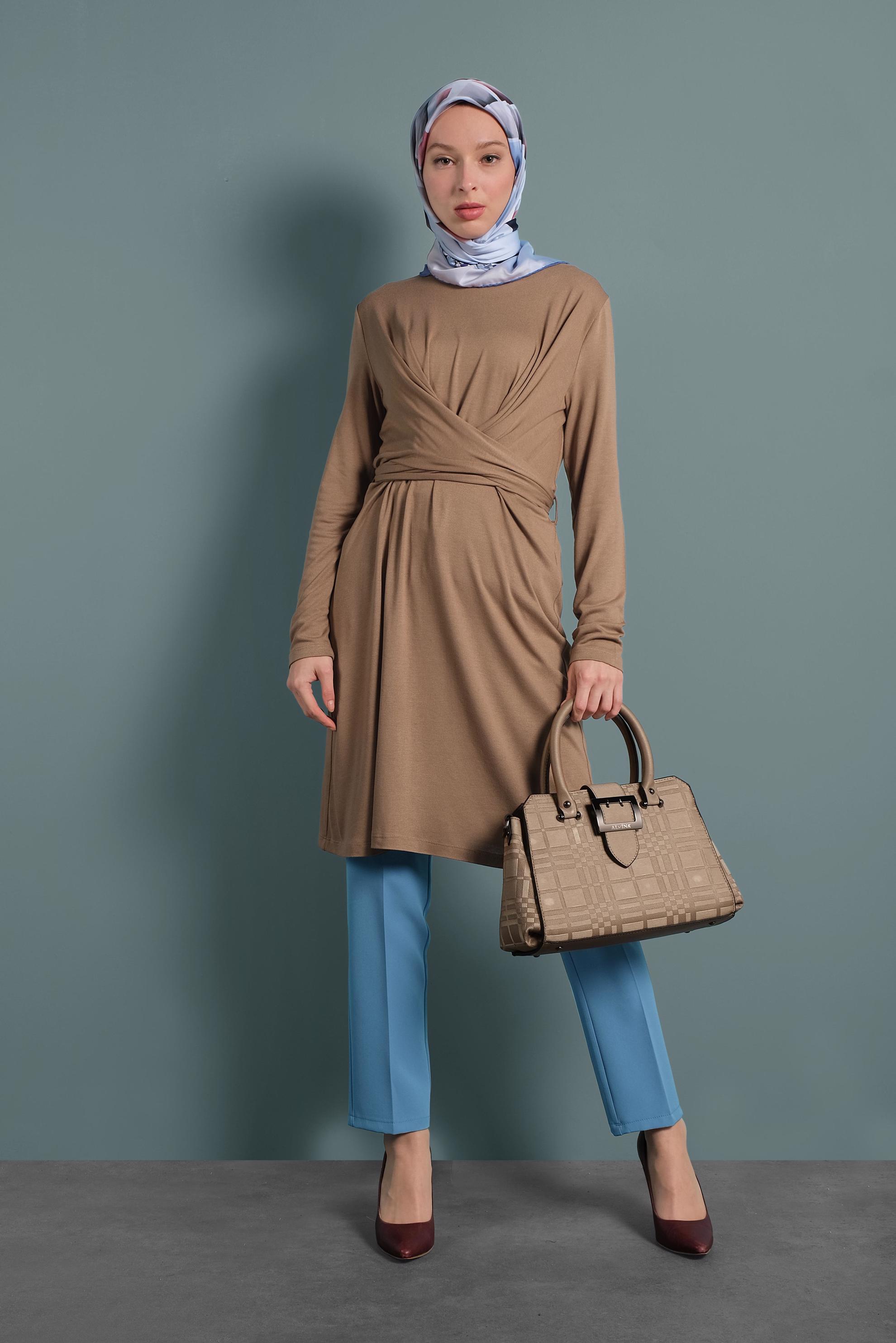 Tesettür giyim KAHVE ÇAPRAZ BAĞLAMALI TUNİK 40321 