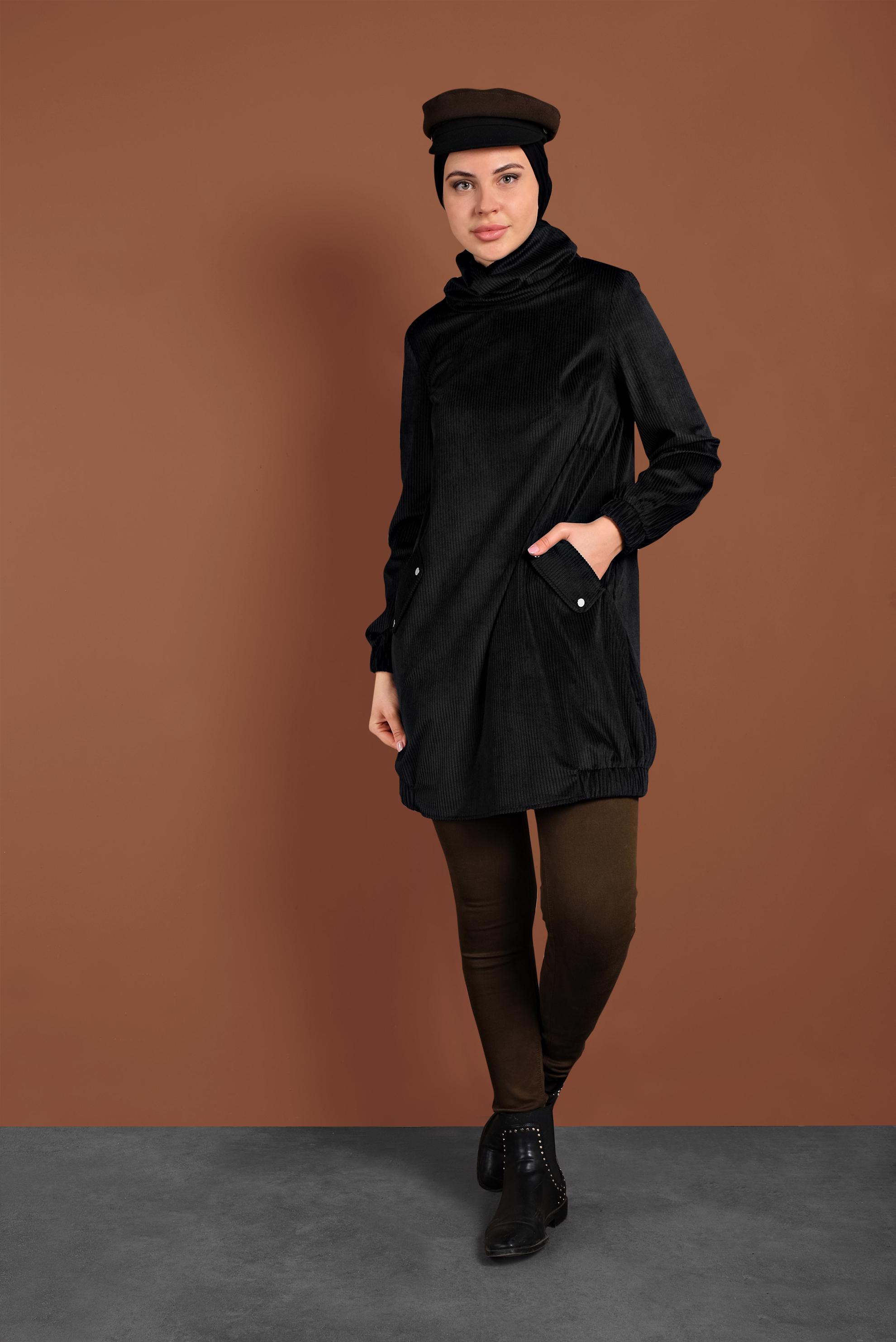 Tesettür giyim SİYAH ŞAL YAKA KADİFE TUNİK  40336