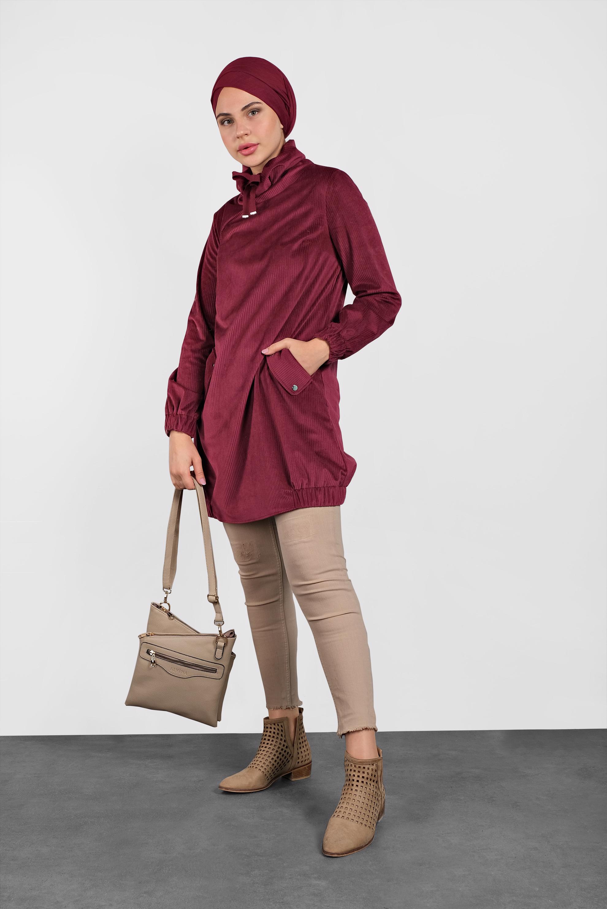 Tesettür giyim BORDO ŞAL YAKA KADİFE TUNİK  40336