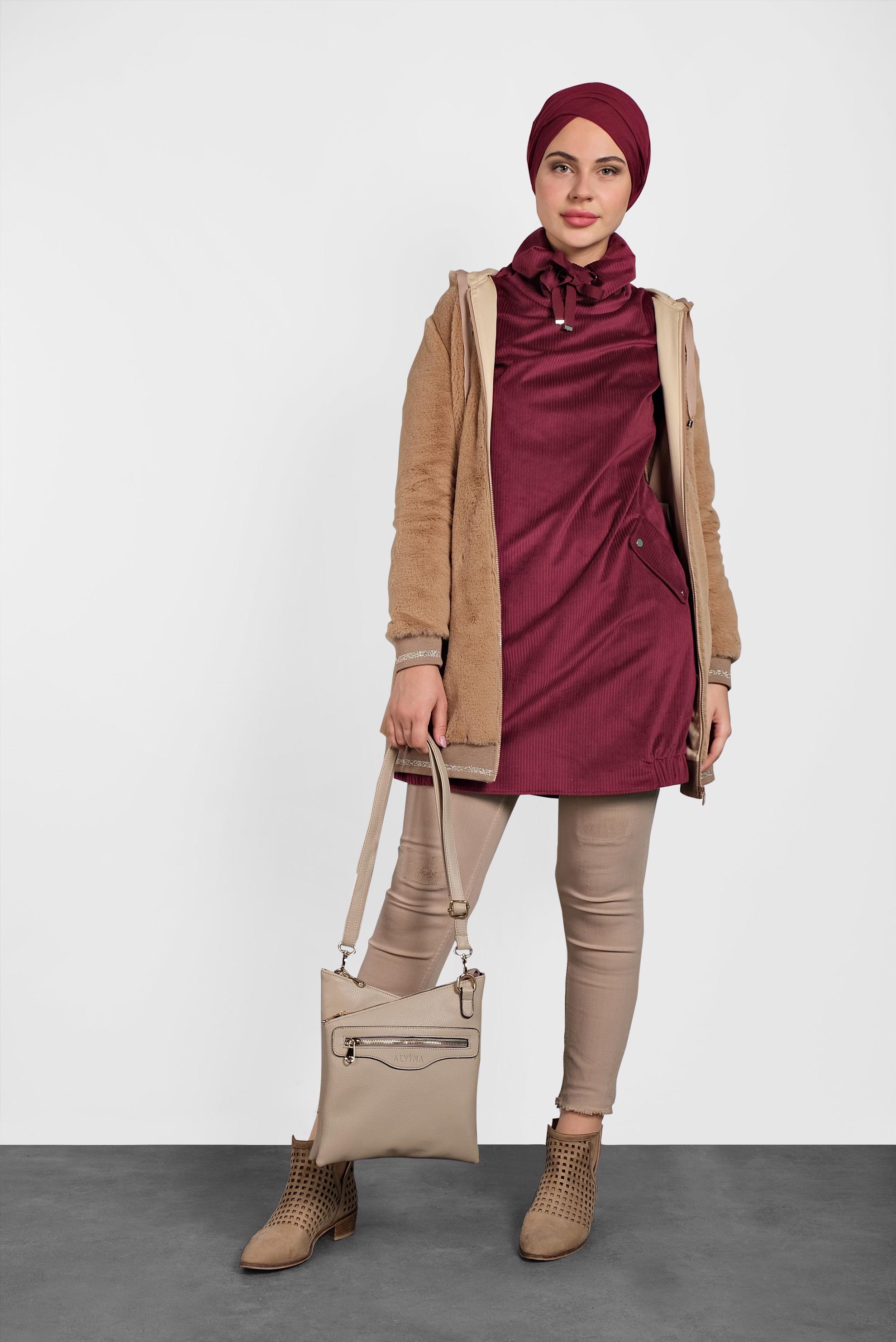 Tesettür giyim BORDO ŞAL YAKA KADİFE TUNİK  40336