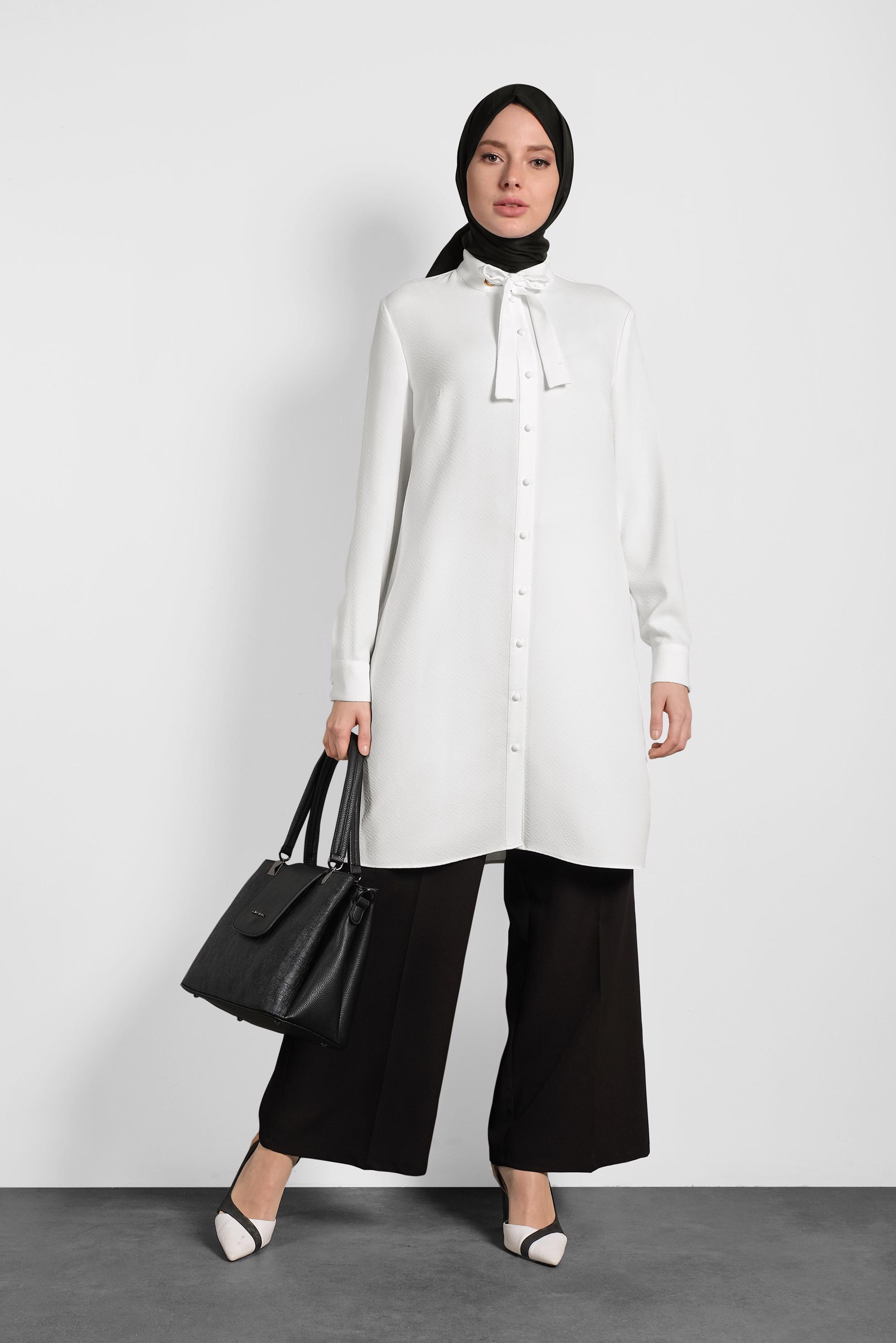 Tesettür giyim BEYAZ YAKASI BAĞCIK DETAYLI TUNİK 40337 