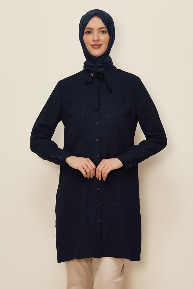 Vêtements hijab BLEU MARINE TUNIQUE NOUÉE 40337 - ALVİNA