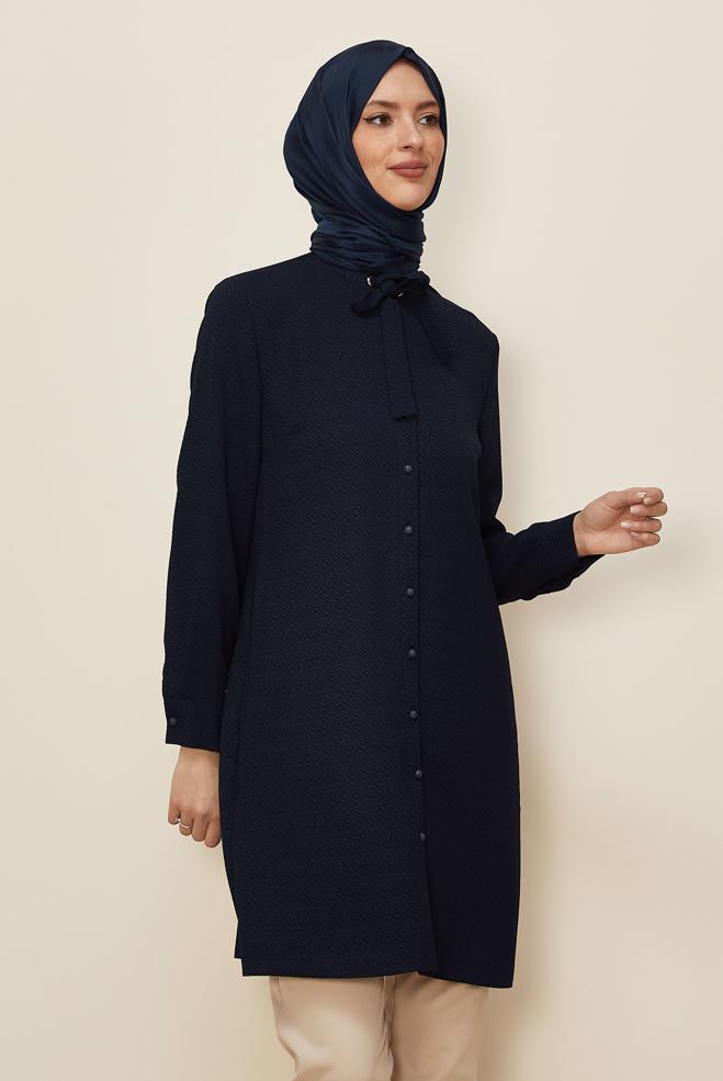 Vêtements hijab BLEU MARINE TUNIQUE NOUÉE 40337 - ALVİNA