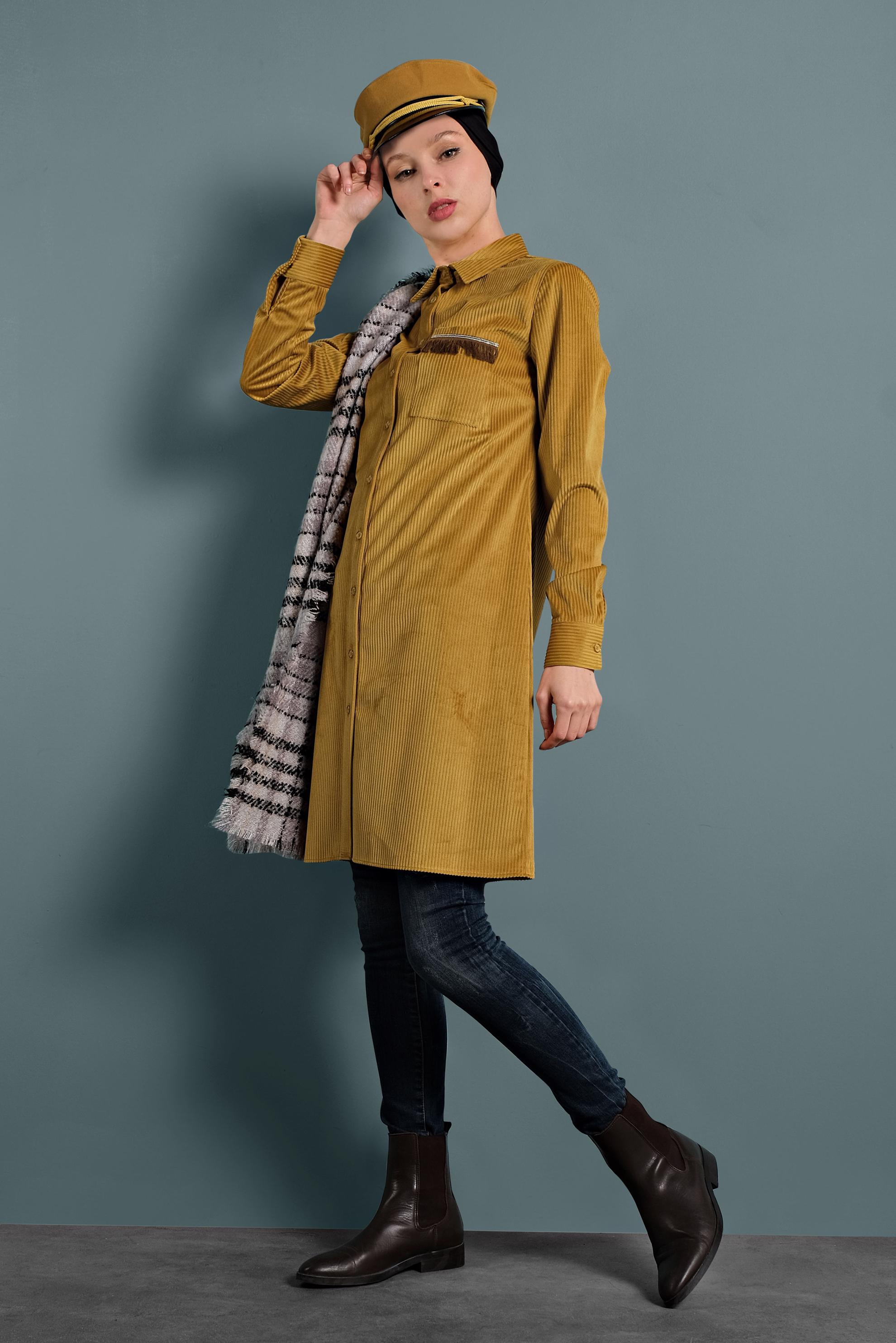 Tesettür giyim SARI PÜSKÜL DETAYLI FİTİLLİ KADİFE TUNİK 40356 