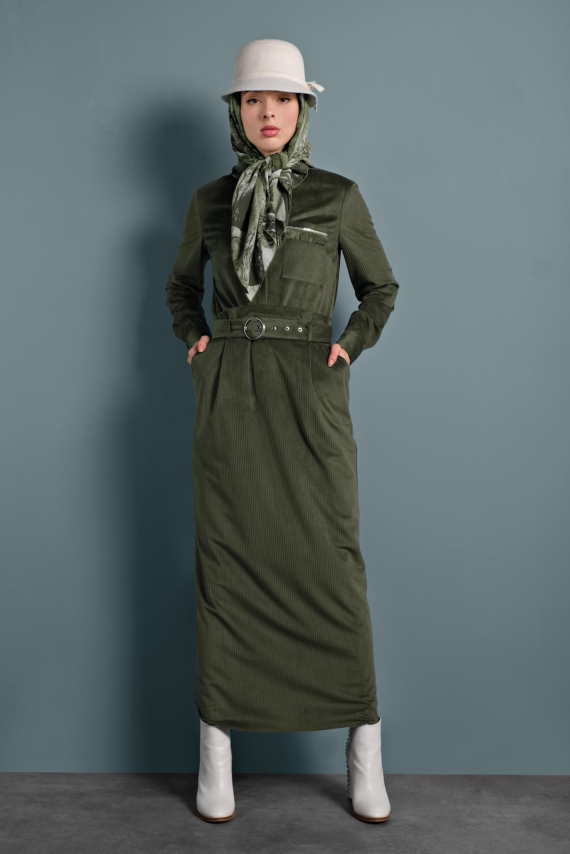 Tesettür giyim HAKİ PÜSKÜL DETAYLI FİTİLLİ KADİFE TUNİK 40356 