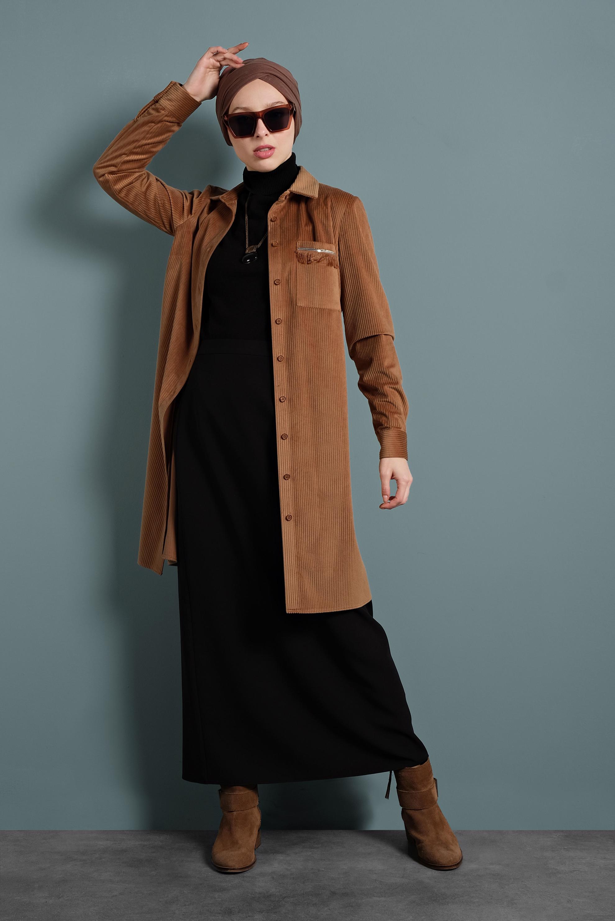 Tesettür giyim TABA PÜSKÜL DETAYLI FİTİLLİ KADİFE TUNİK 40356 