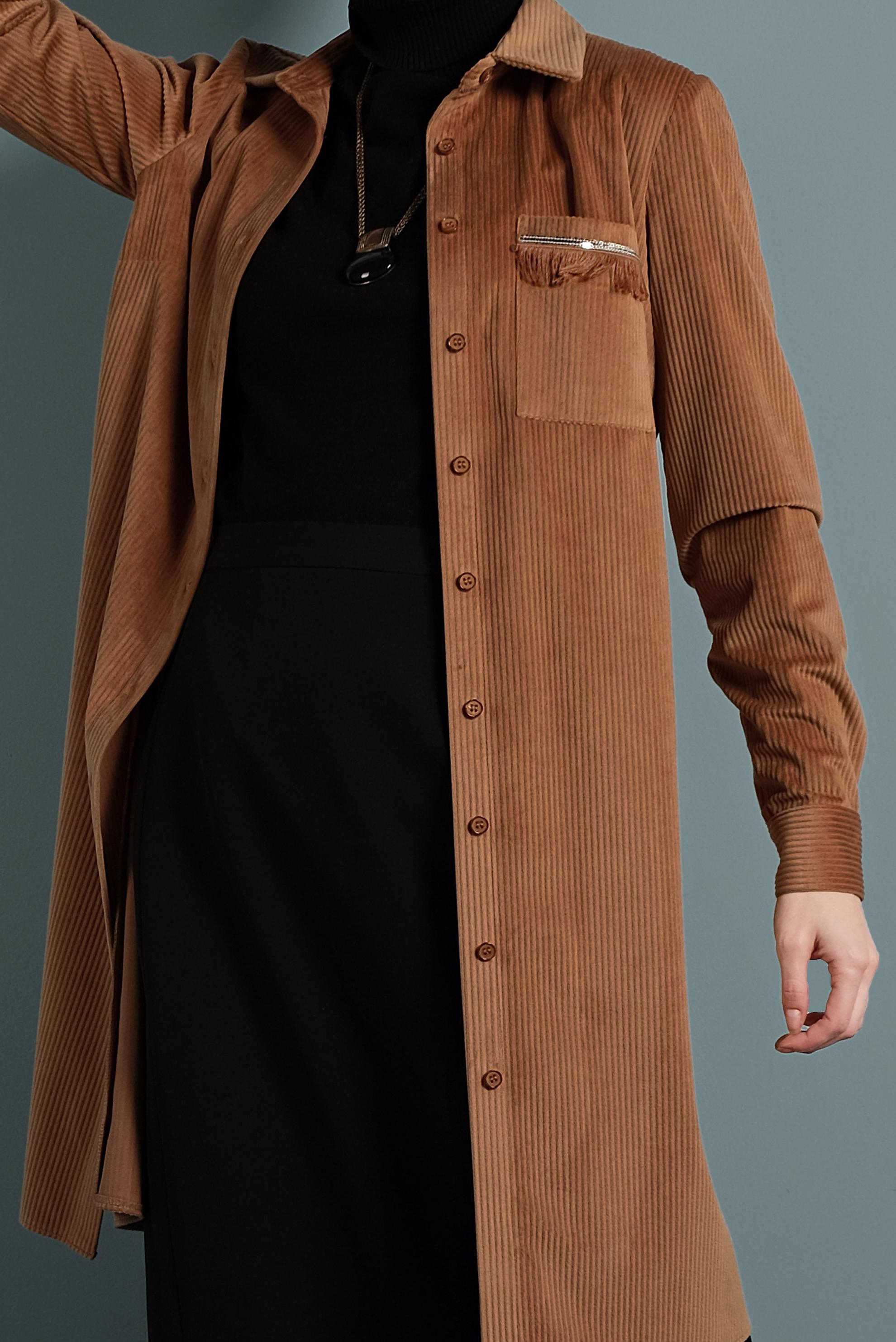 Tesettür giyim TABA PÜSKÜL DETAYLI FİTİLLİ KADİFE TUNİK 40356 