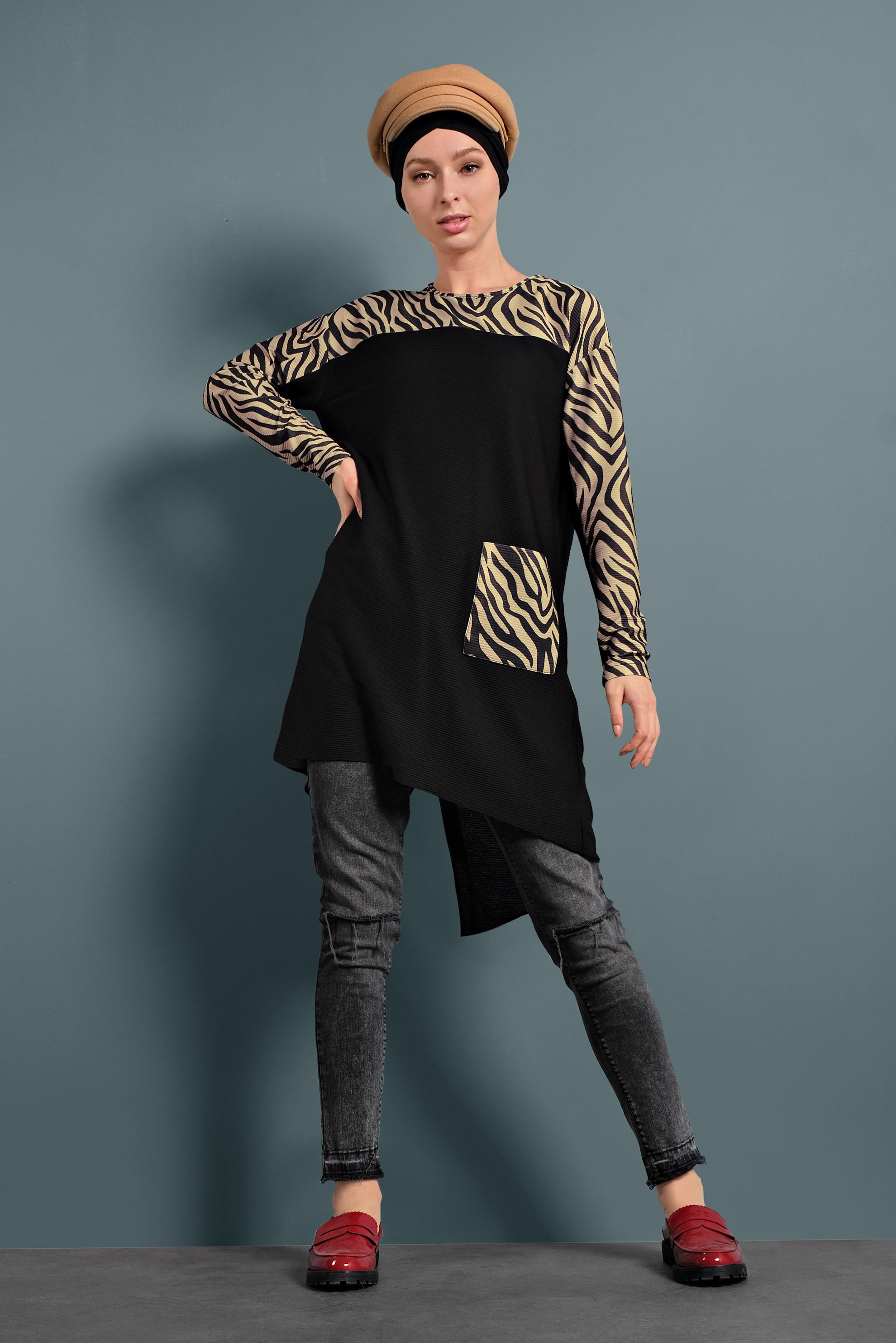 Tesettür giyim BEJ ZEBRA DESENLİ TUNİK 40357 