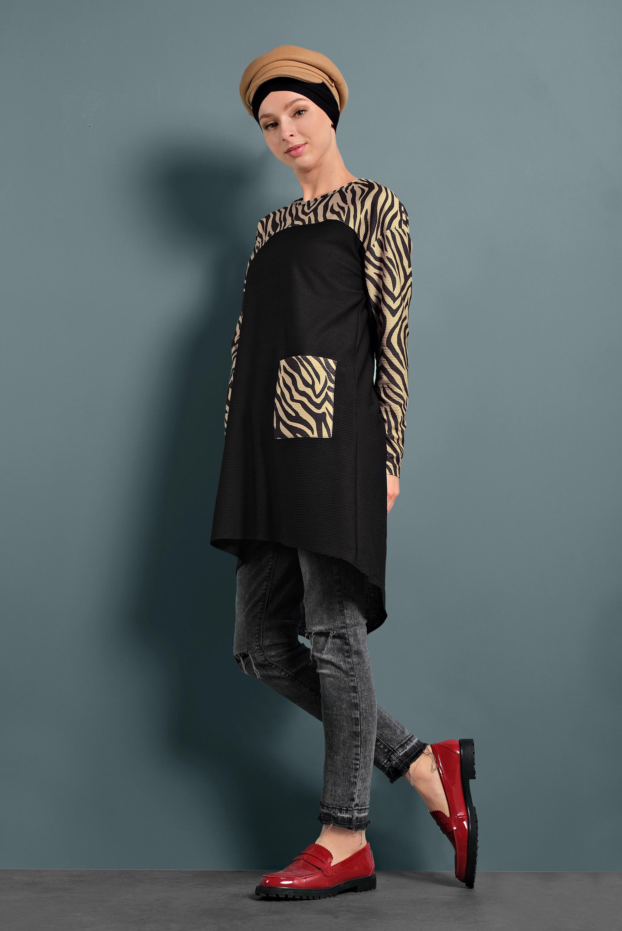 Tesettür giyim BEJ ZEBRA DESENLİ TUNİK 40357 
