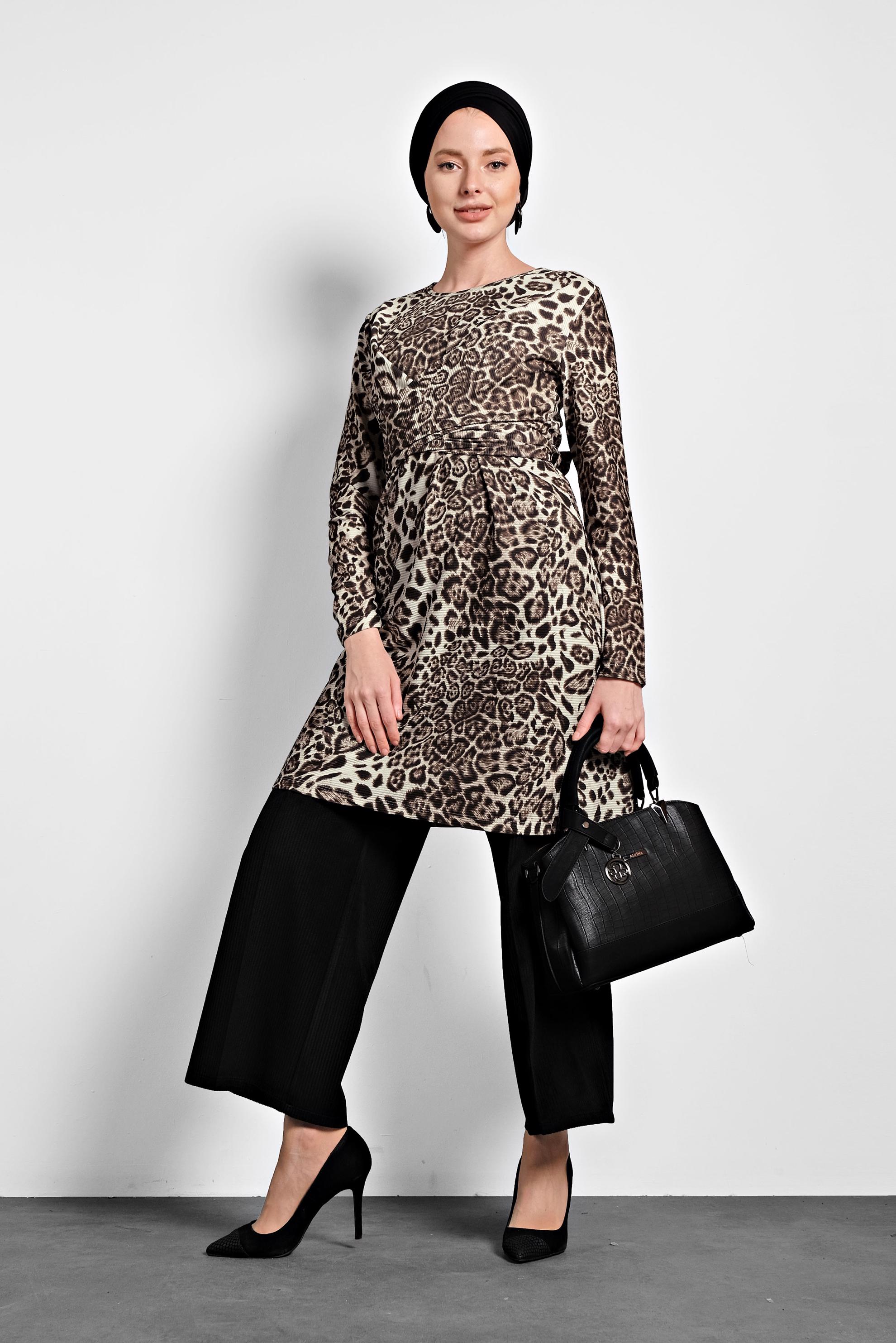 Tesettür giyim KAHVE LEOPAR DESENLİ TUNİK 40358 