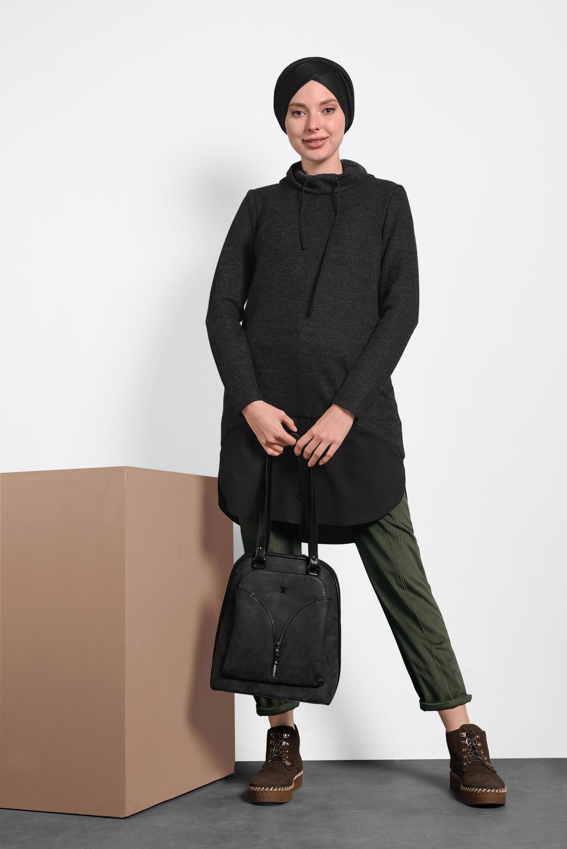 Tesettür giyim SİYAH ŞAL YAKA FİTİLLİ TUNİK 40376