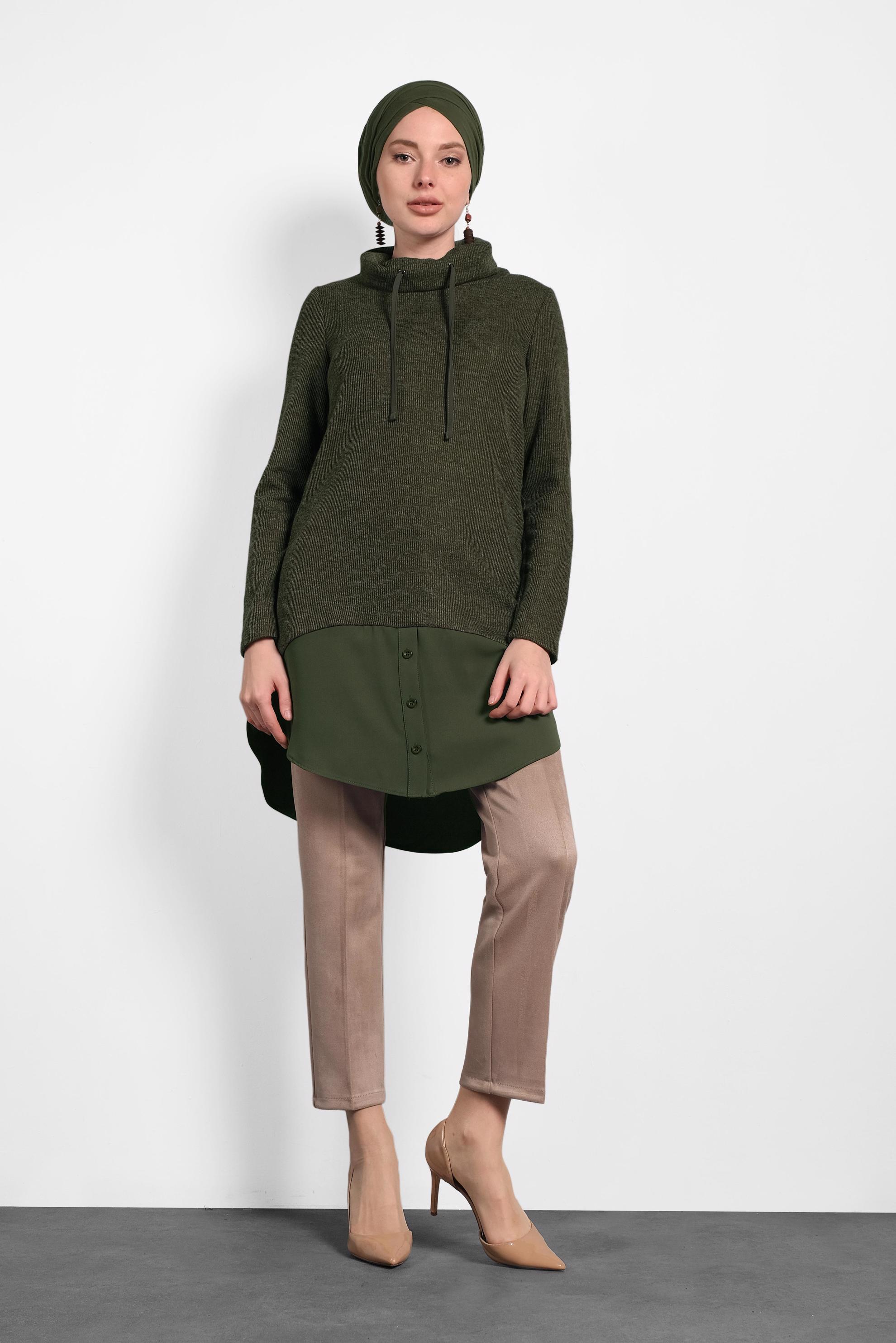 Tesettür giyim HAKİ ŞAL YAKA FİTİLLİ TUNİK 40376