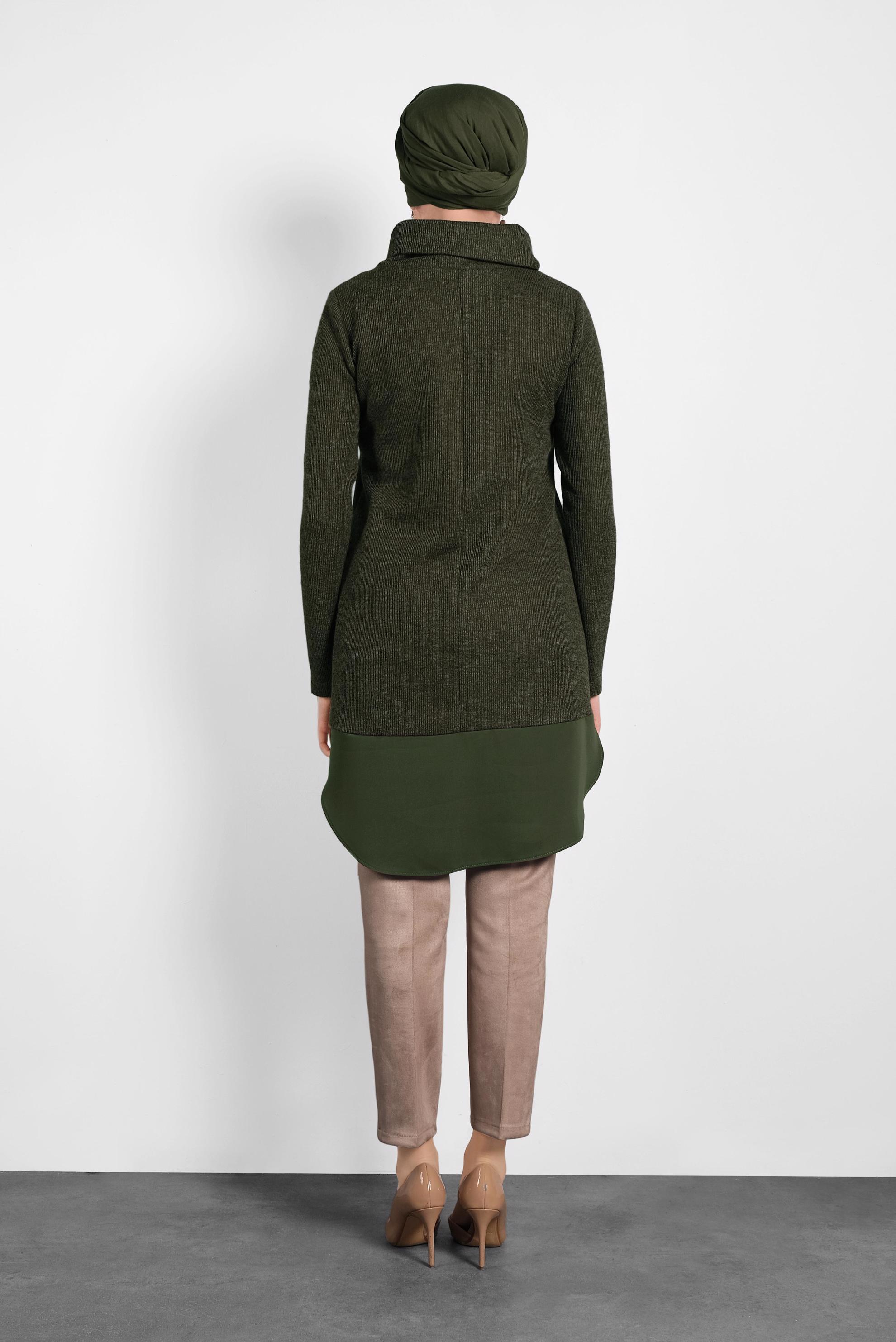 Tesettür giyim HAKİ ŞAL YAKA FİTİLLİ TUNİK 40376