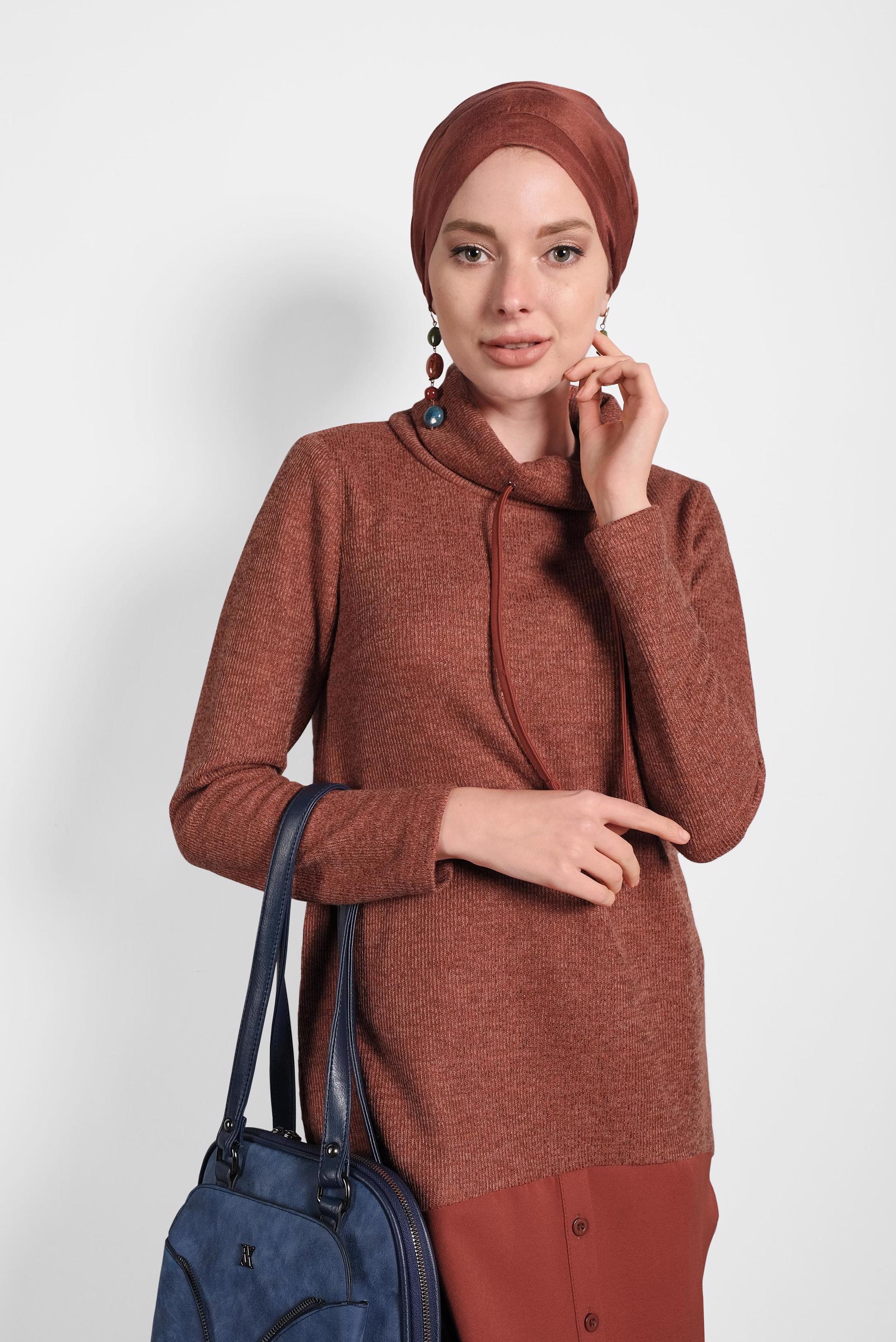 Tesettür giyim TURUNCU ŞAL YAKA FİTİLLİ TUNİK 40376