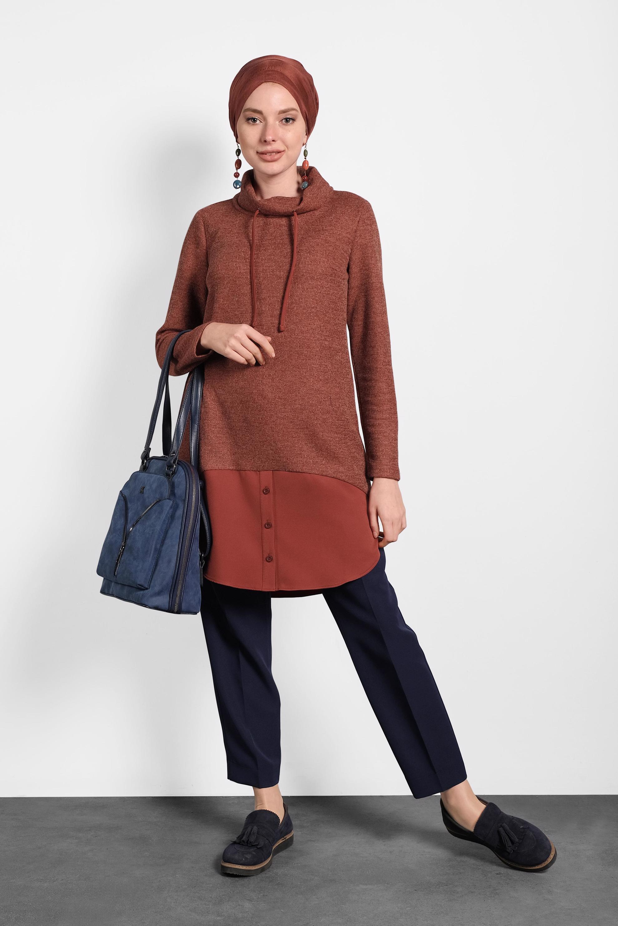 Tesettür giyim TURUNCU ŞAL YAKA FİTİLLİ TUNİK 40376