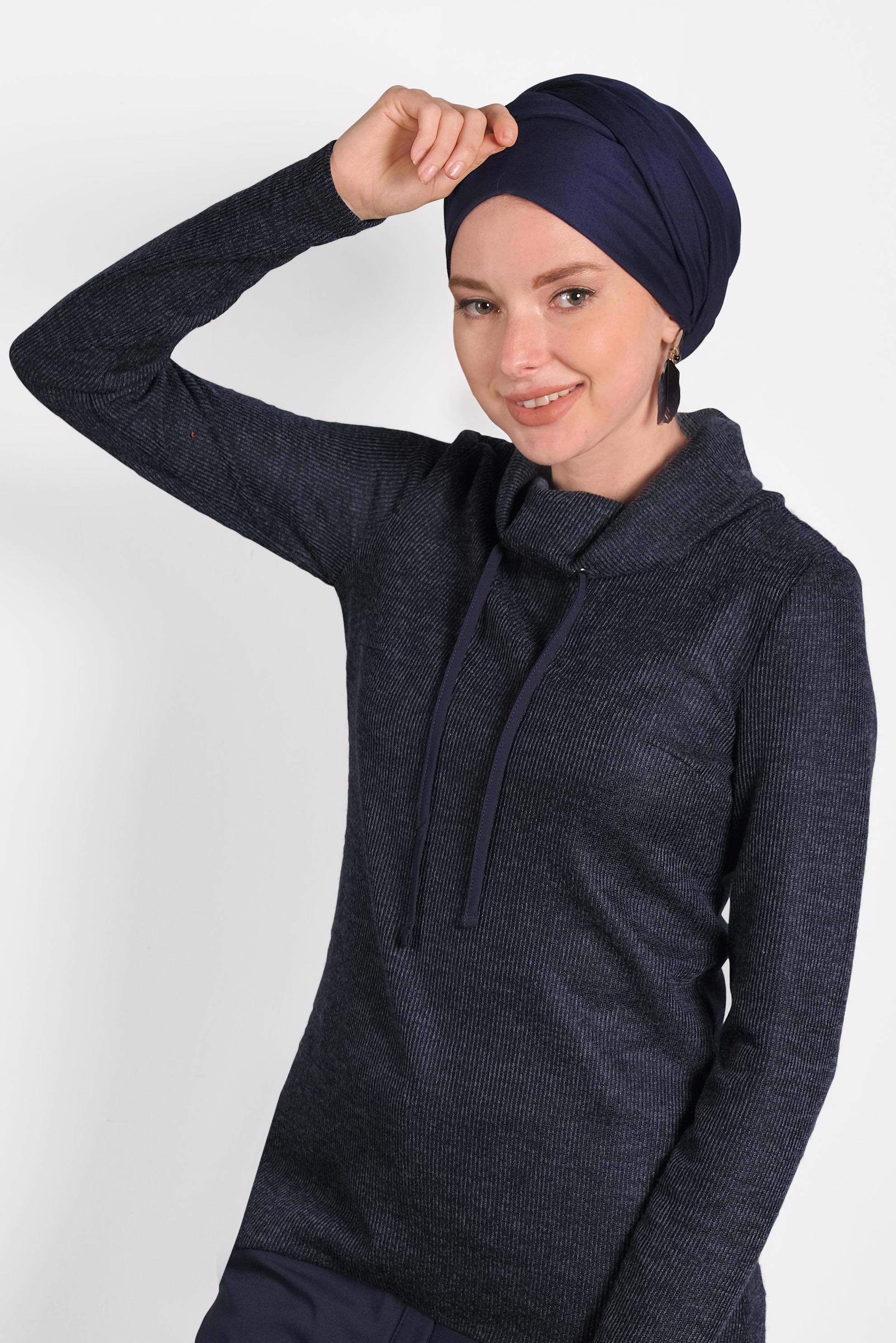 Tesettür giyim LACİVERT ŞAL YAKA FİTİLLİ TUNİK 40376