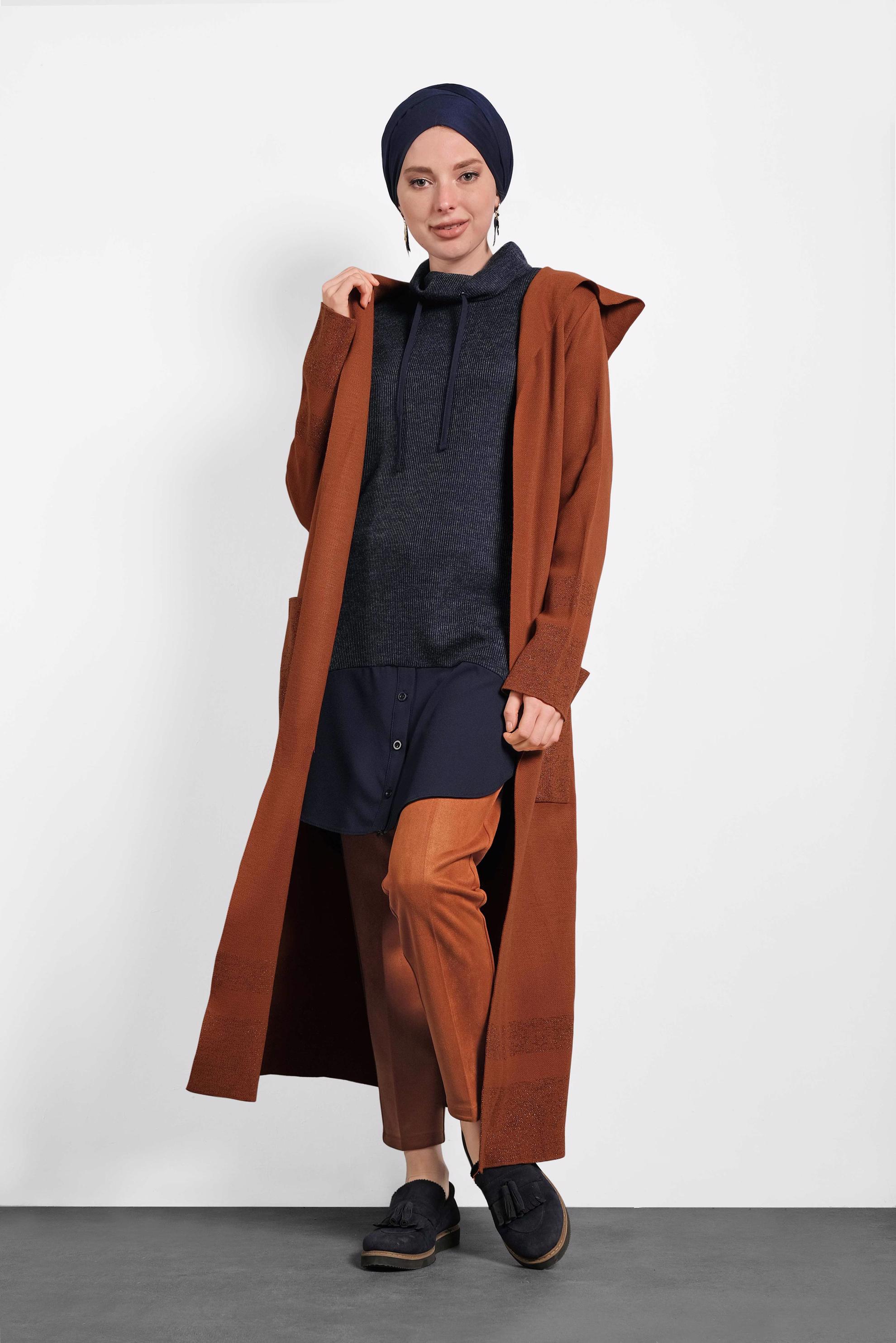 Tesettür giyim LACİVERT ŞAL YAKA FİTİLLİ TUNİK 40376