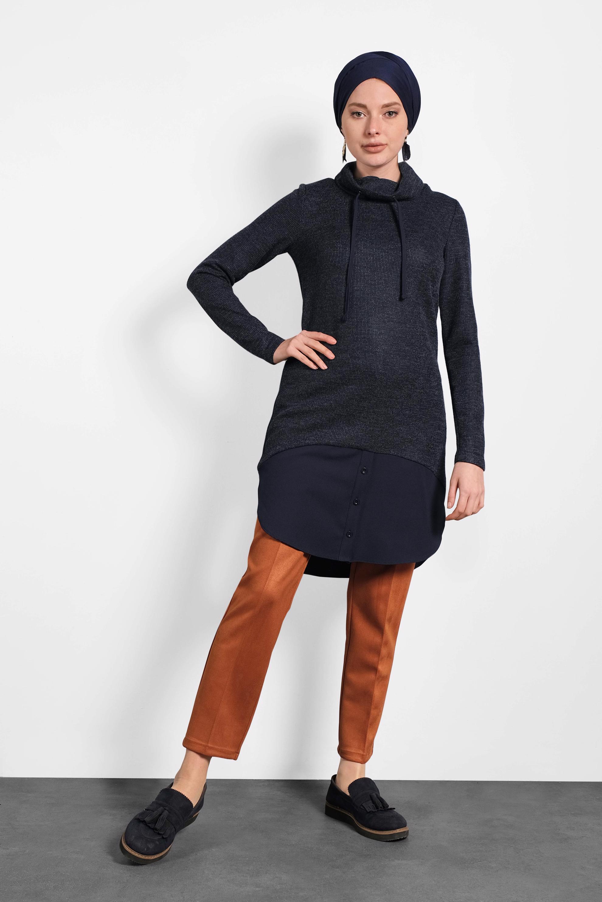 Tesettür giyim LACİVERT ŞAL YAKA FİTİLLİ TUNİK 40376