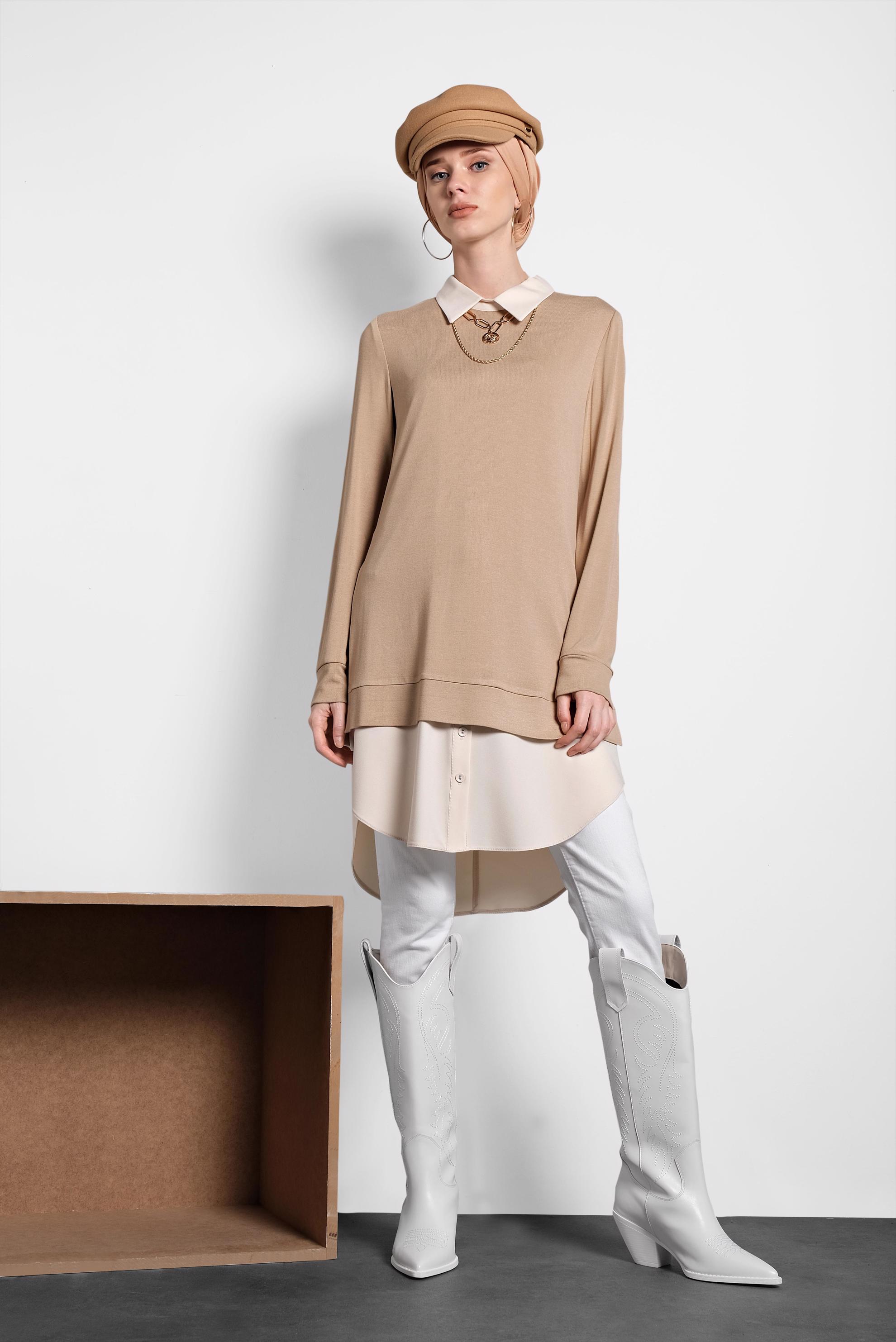 Tesettür giyim BEJ YIRTMAÇLI TUNİK 40377