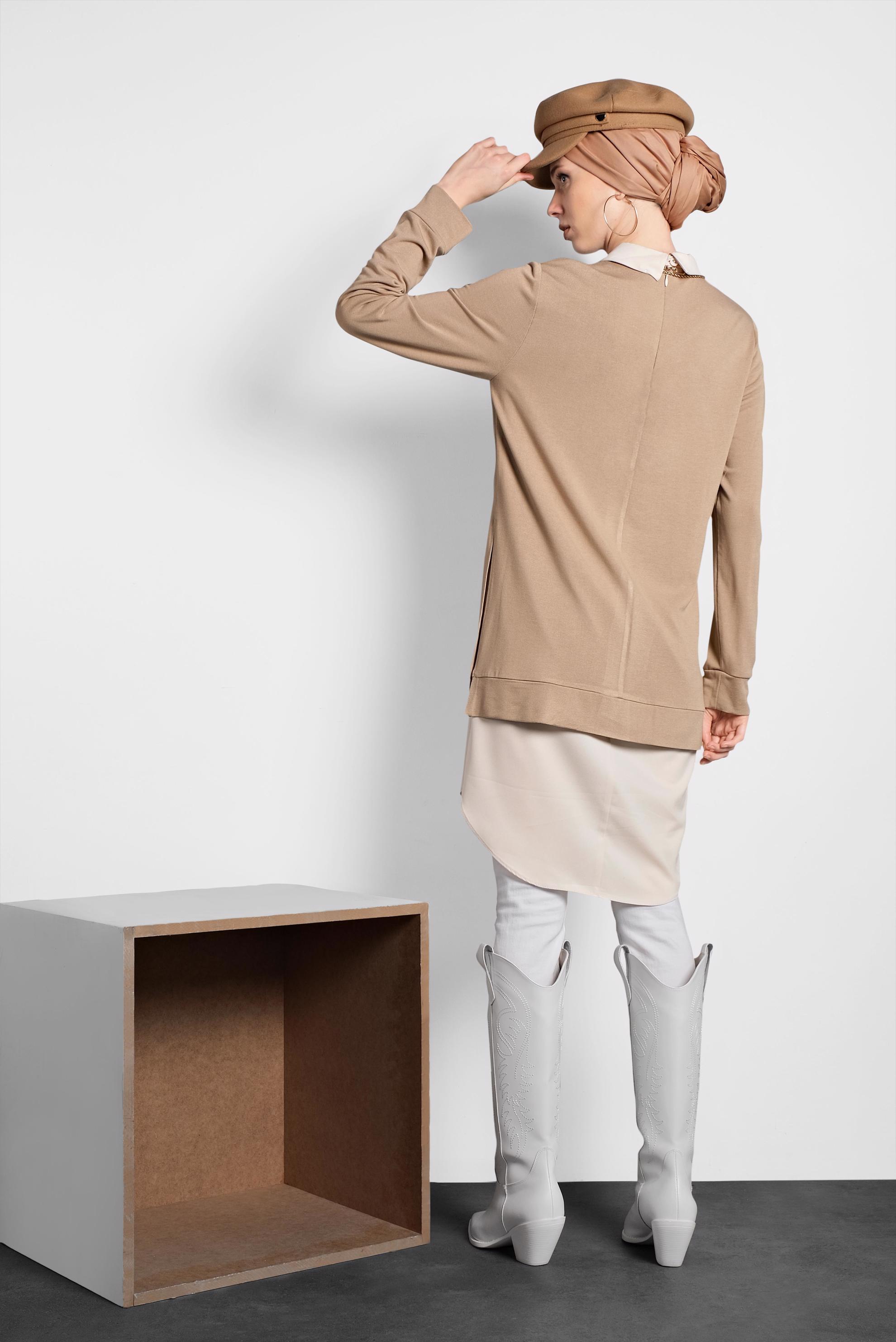 Tesettür giyim BEJ YIRTMAÇLI TUNİK 40377