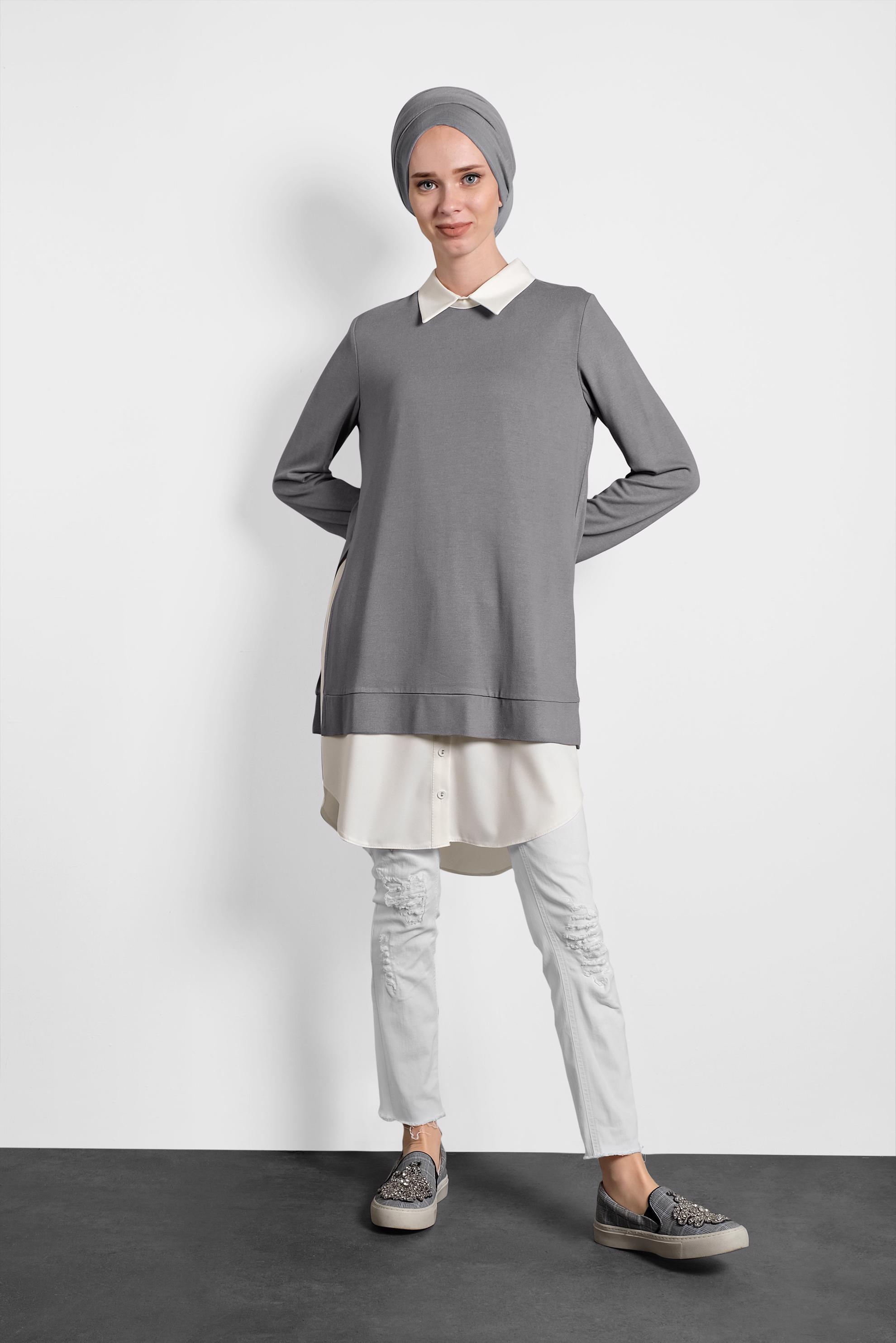 Tesettür giyim GRİ YIRTMAÇLI TUNİK 40377