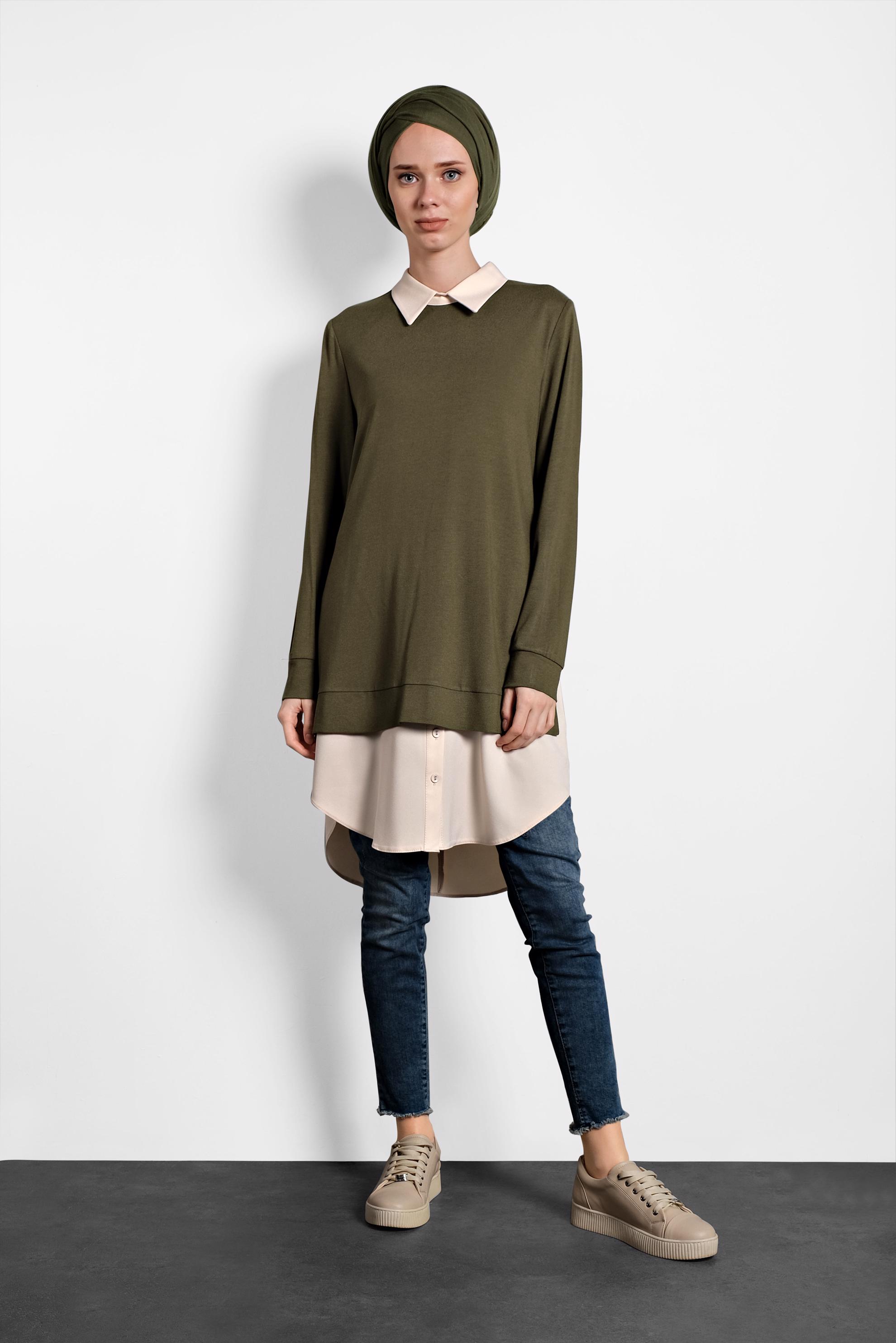 Tesettür giyim HAKİ YIRTMAÇLI TUNİK 40377