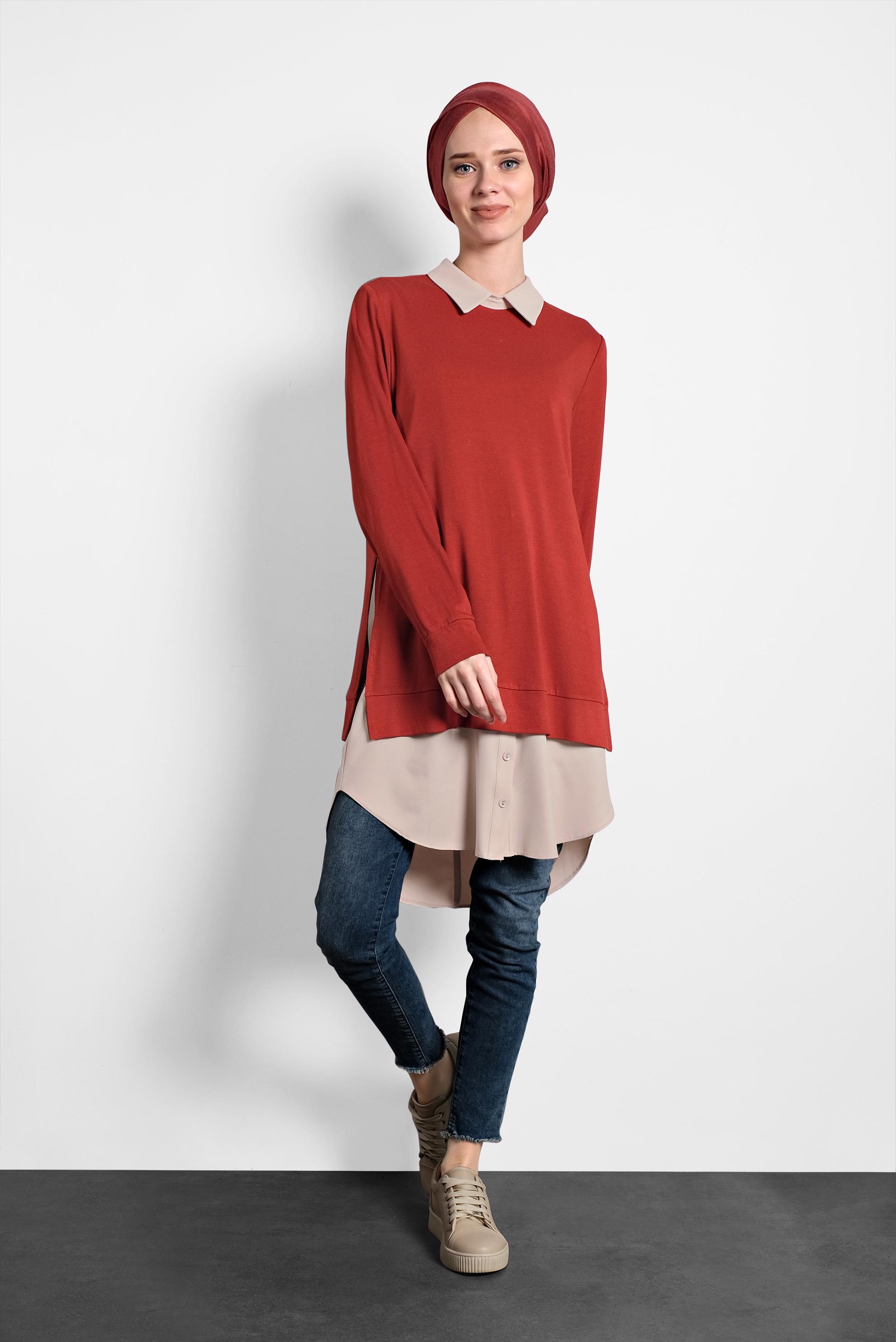 Tesettür giyim KIRMIZI YIRTMAÇLI TUNİK 40377