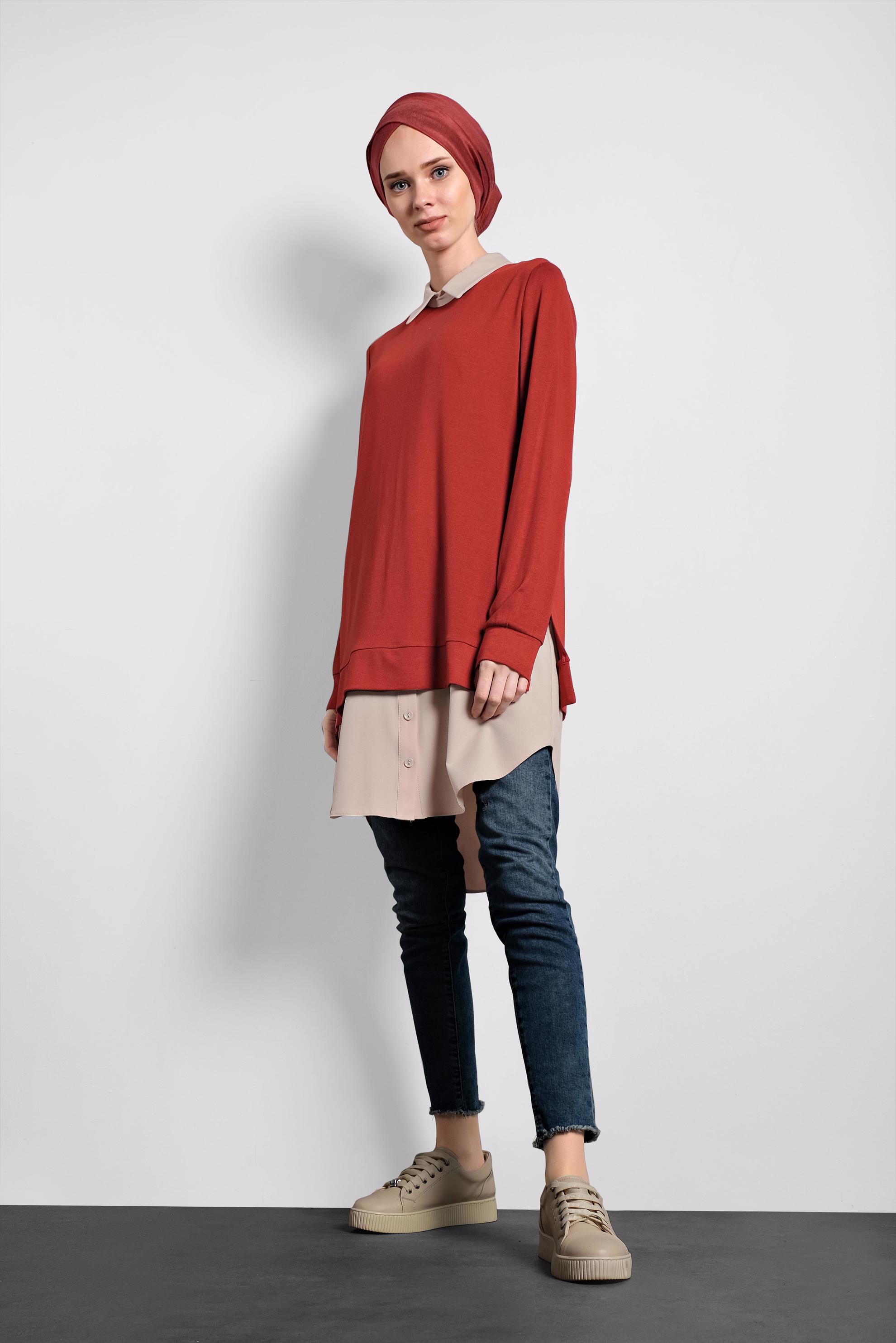 Tesettür giyim KIRMIZI YIRTMAÇLI TUNİK 40377