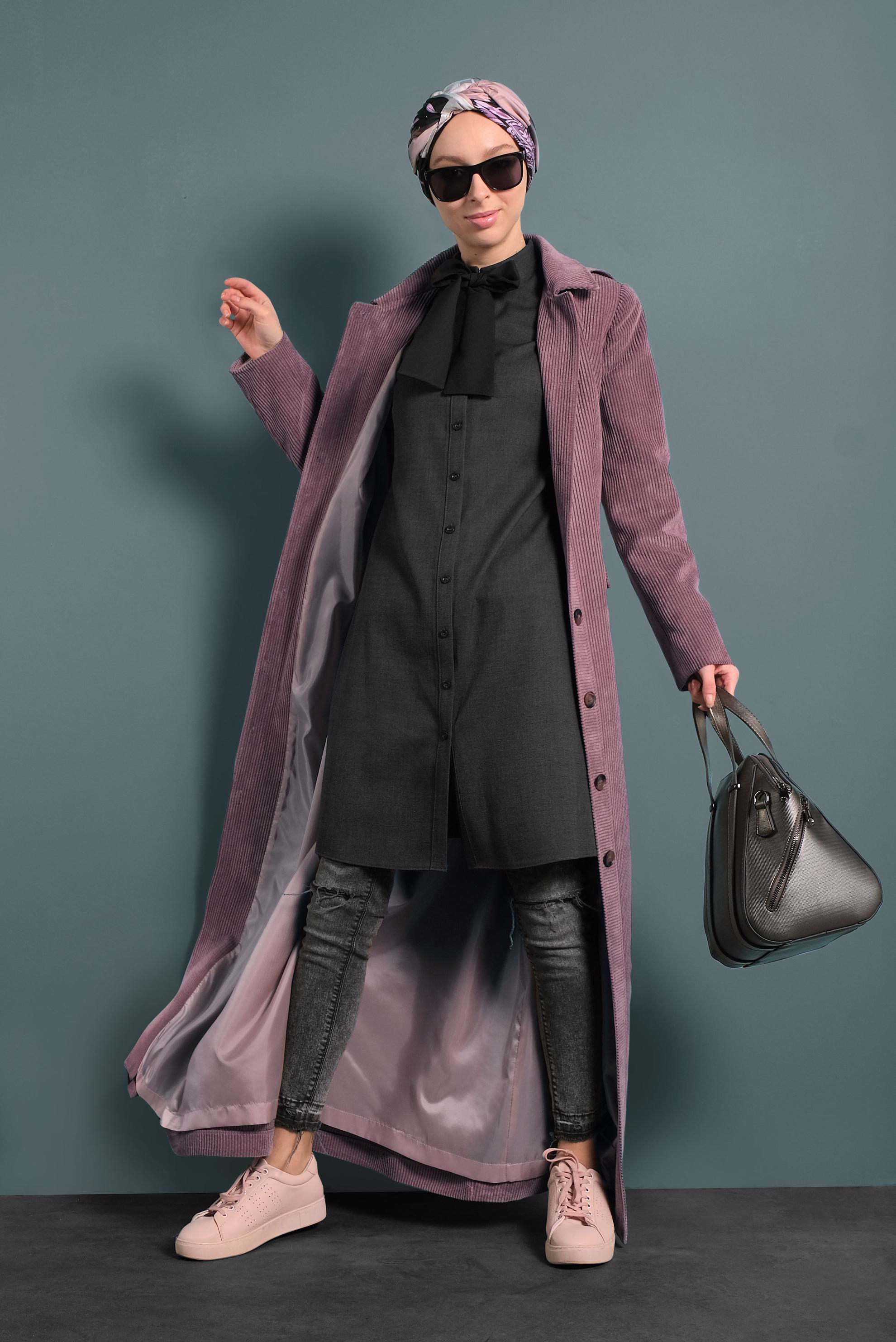 Tesettür giyim SİYAH YAKASI BAĞCIKLI TUNİK 40386 