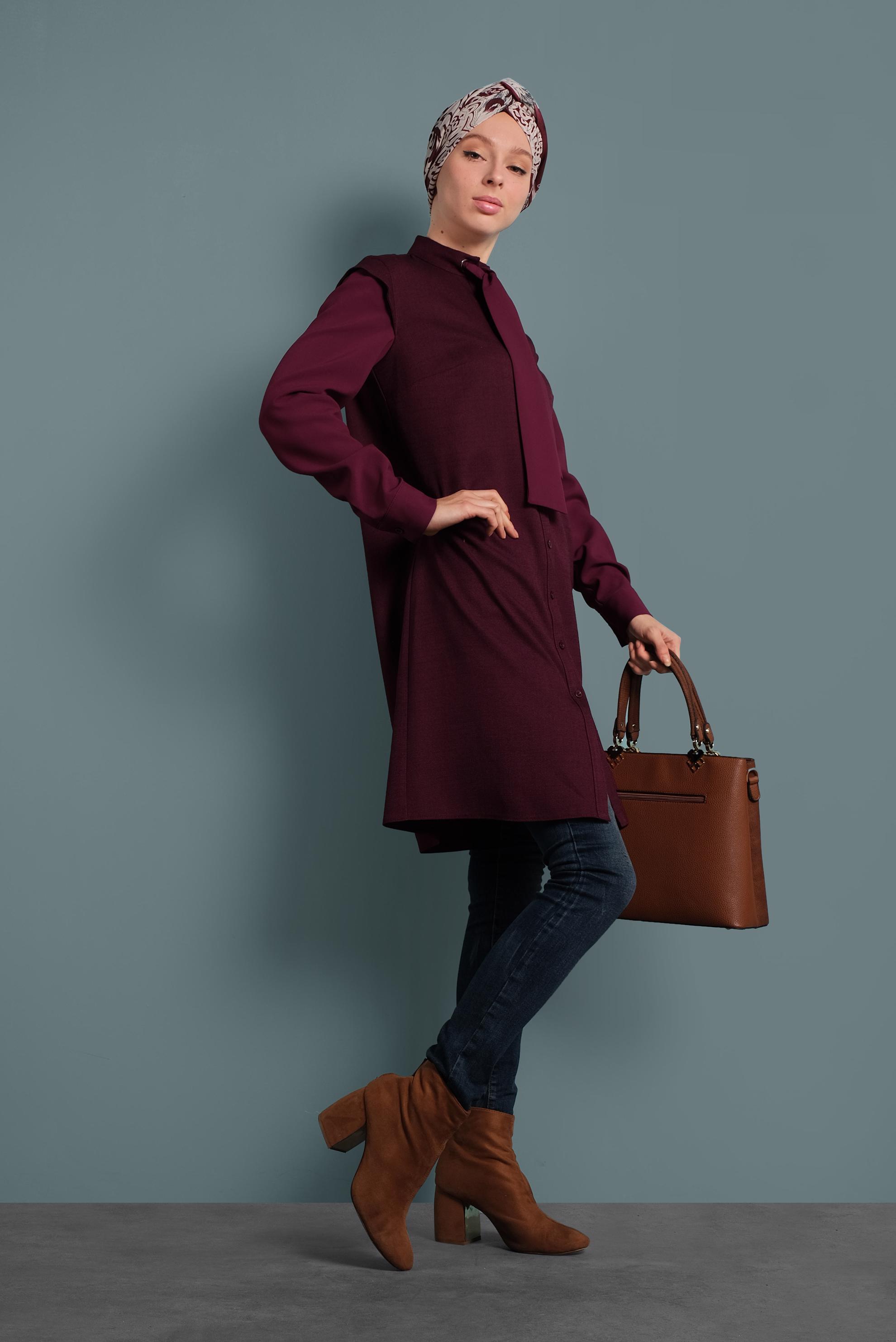 Tesettür giyim BORDO YAKASI BAĞCIKLI TUNİK 40386 