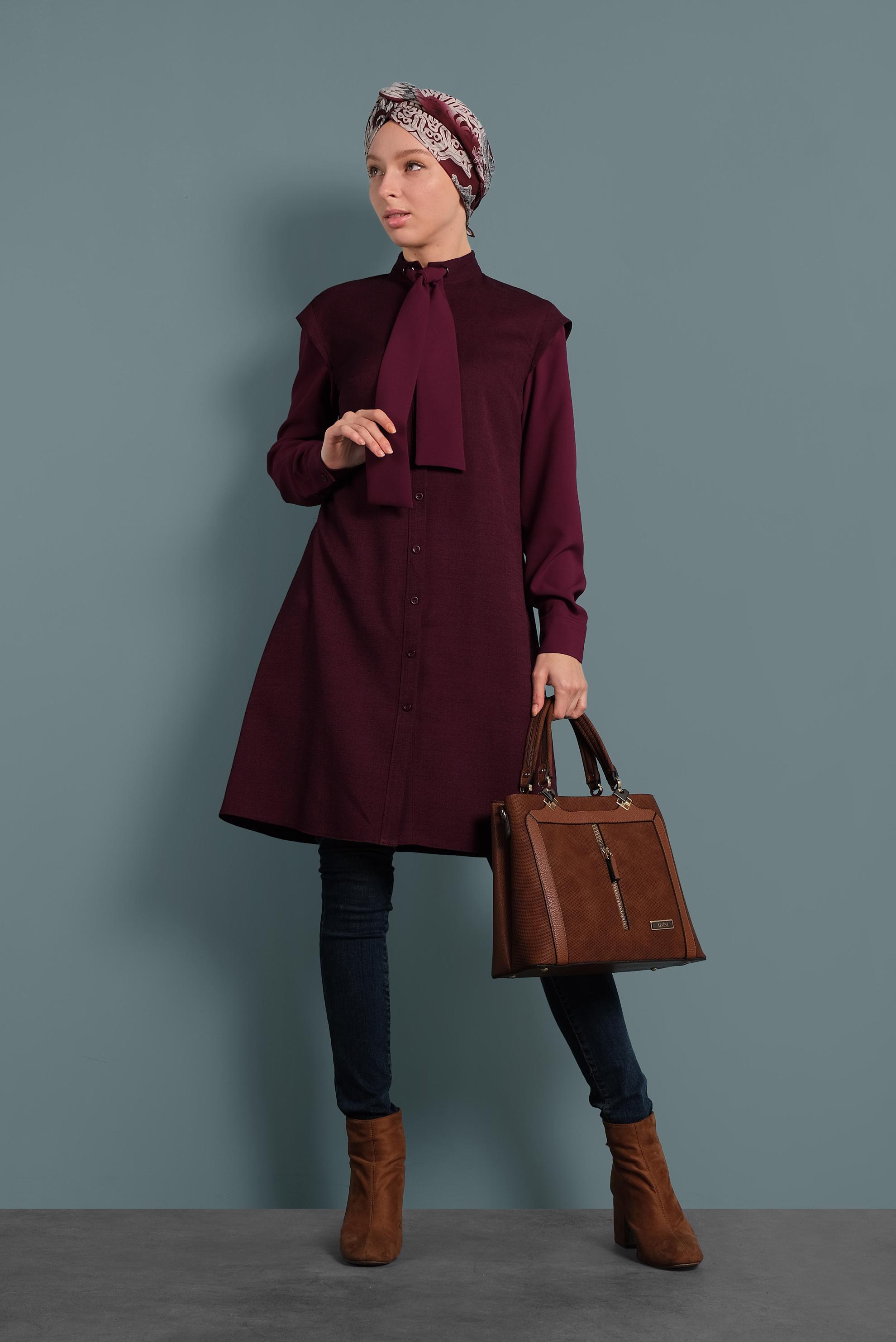 Tesettür giyim BORDO YAKASI BAĞCIKLI TUNİK 40386 