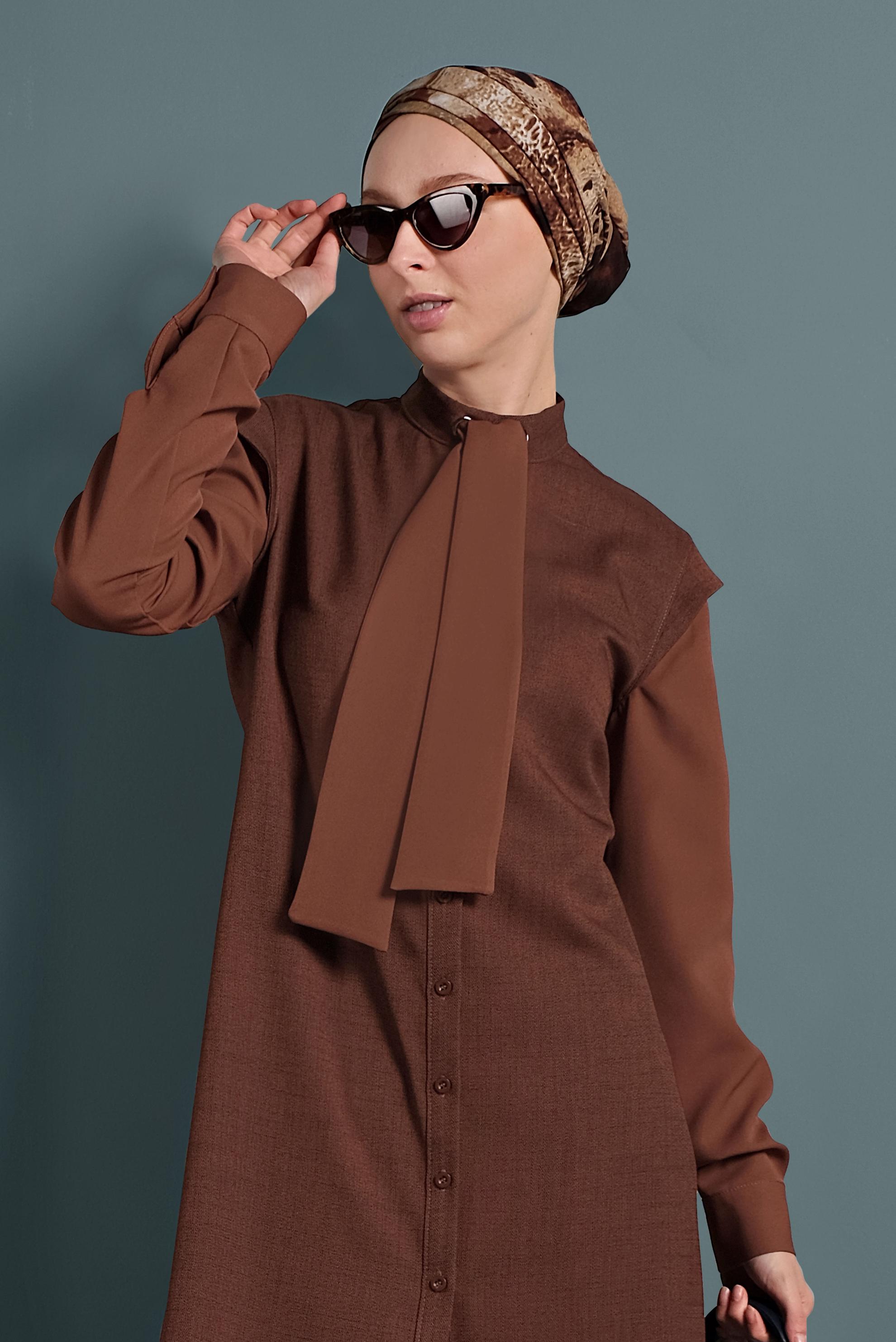 Tesettür giyim TURUNCU YAKASI BAĞCIKLI TUNİK 40386 