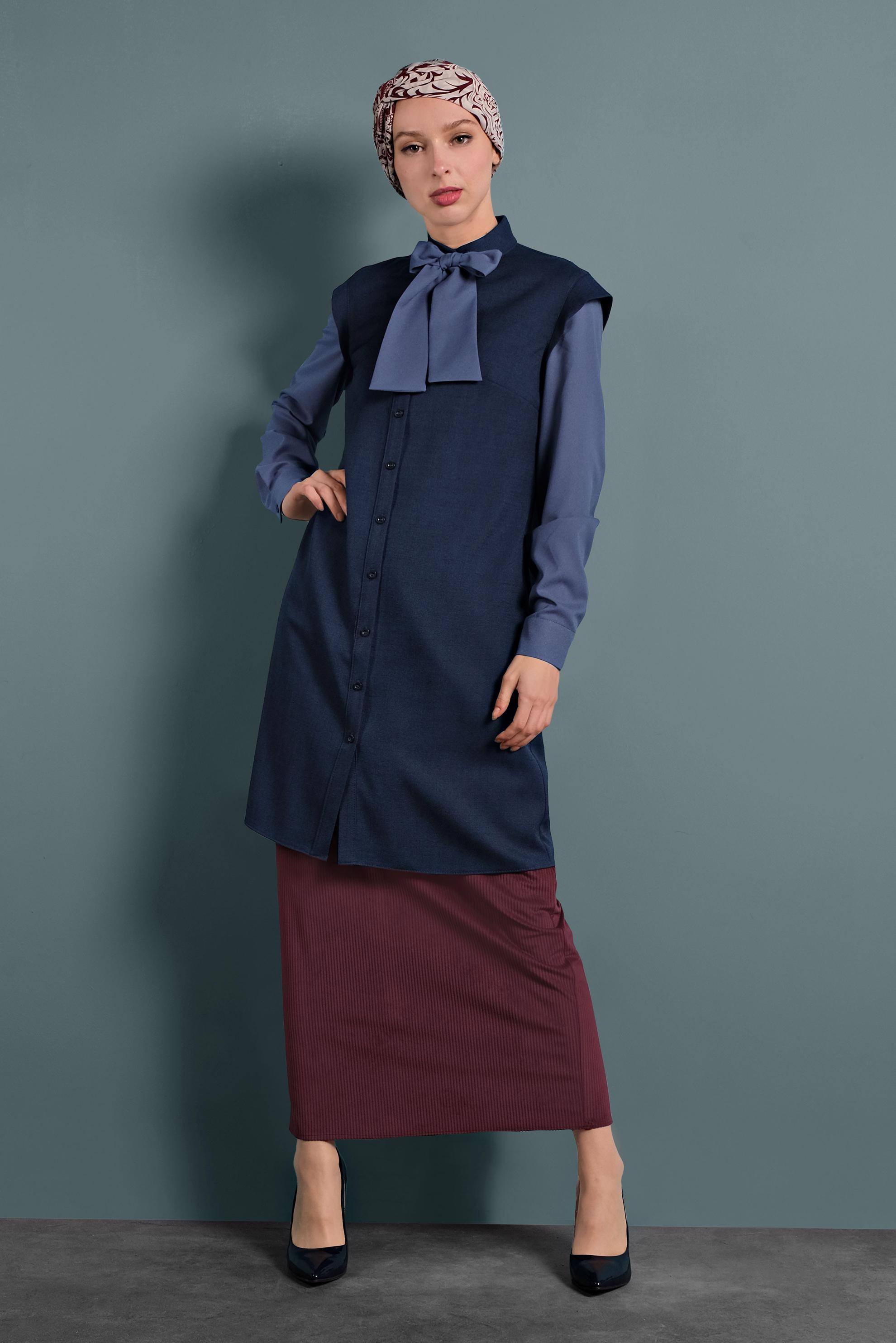 Tesettür giyim LACİVERT YAKASI BAĞCIKLI TUNİK 40386 