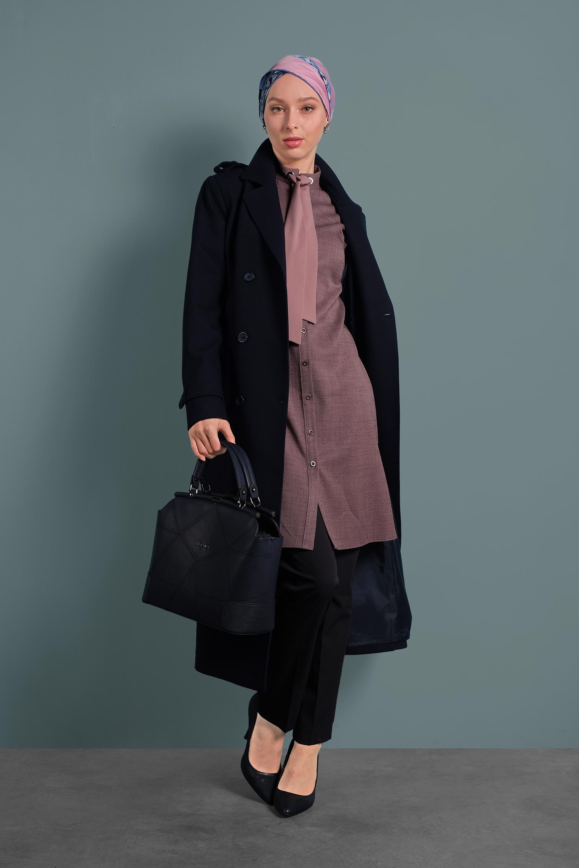 Tesettür giyim PUDRA YAKASI BAĞCIKLI TUNİK 40386 