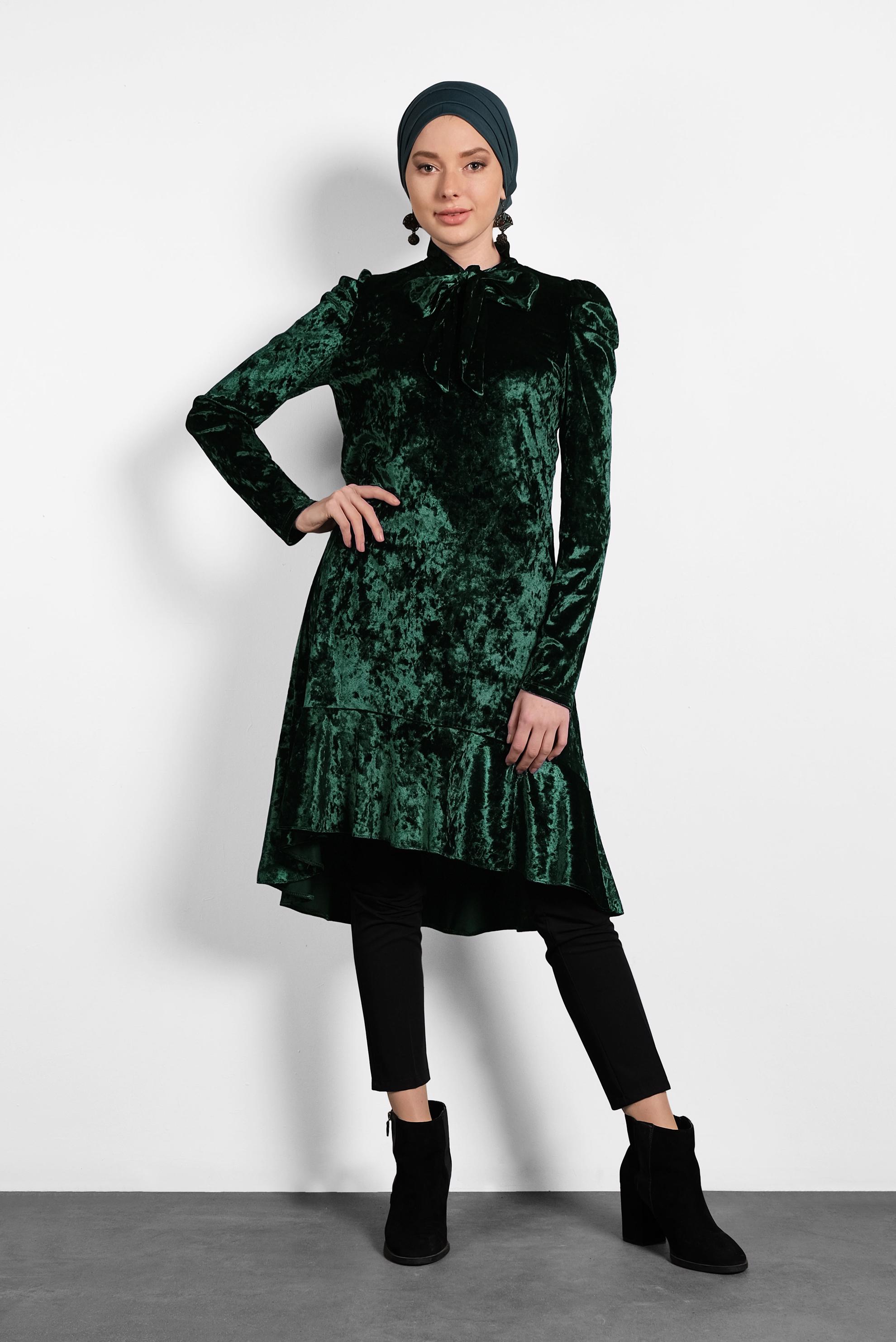 Tesettür giyim YEŞİL ETEK UCU VOLANLI YAKASI BAĞLI TUNİK 40387