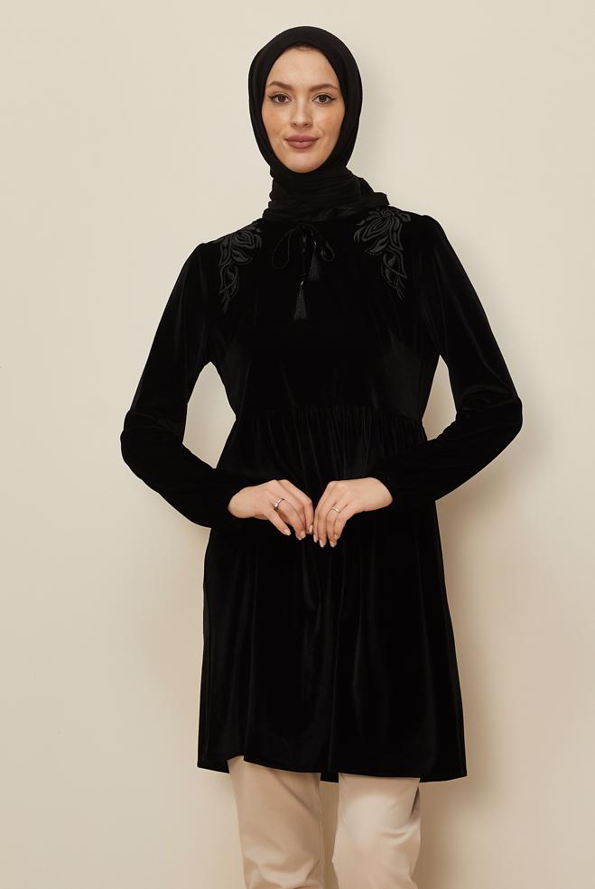 Vêtements hijab NOIR TUNIQUE EN VELOURS À TAILLE-HAUTE 40388  - ALVİNA