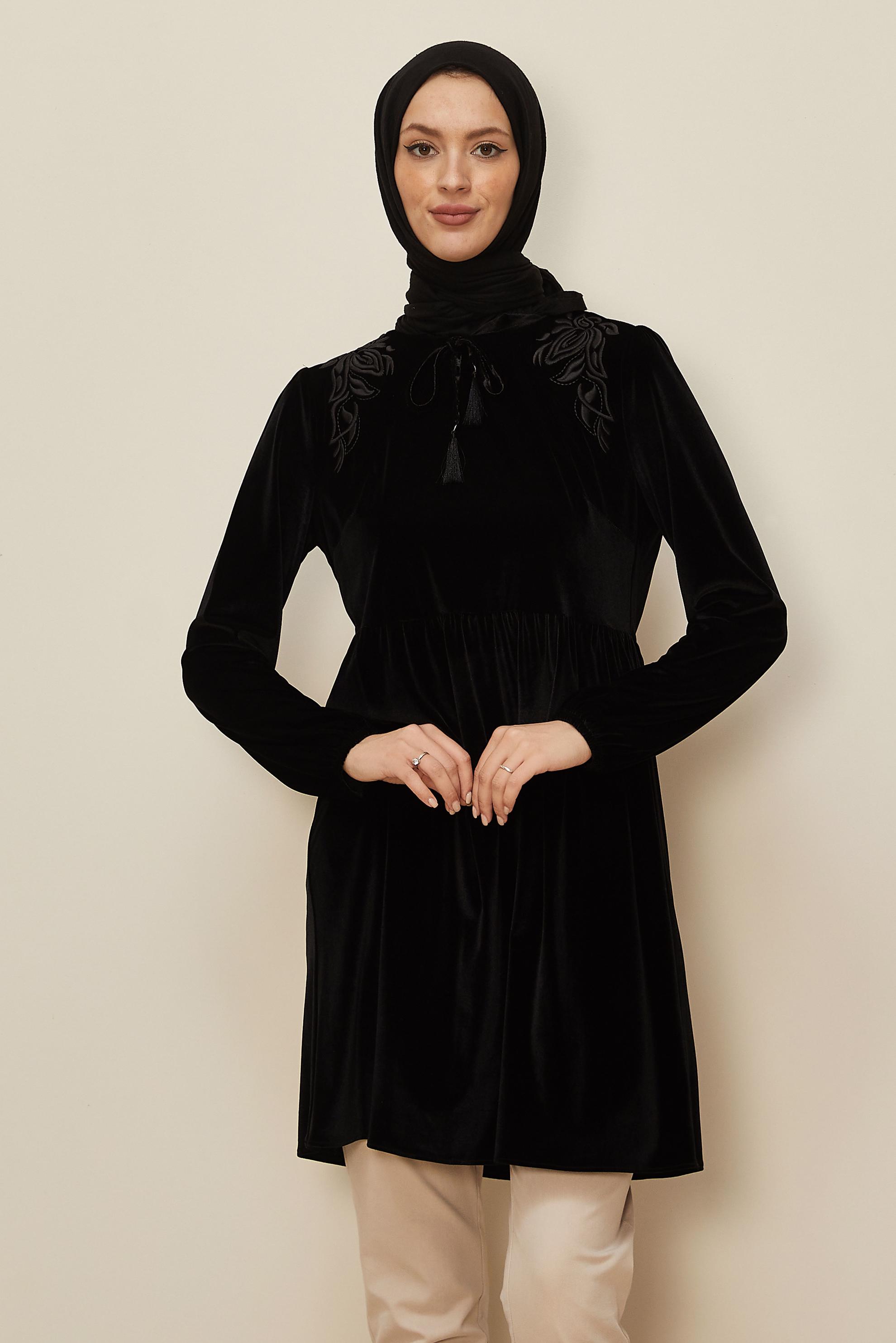 Vêtements hijab NOIR TUNIQUE EN VELOURS À TAILLE-HAUTE 40388 