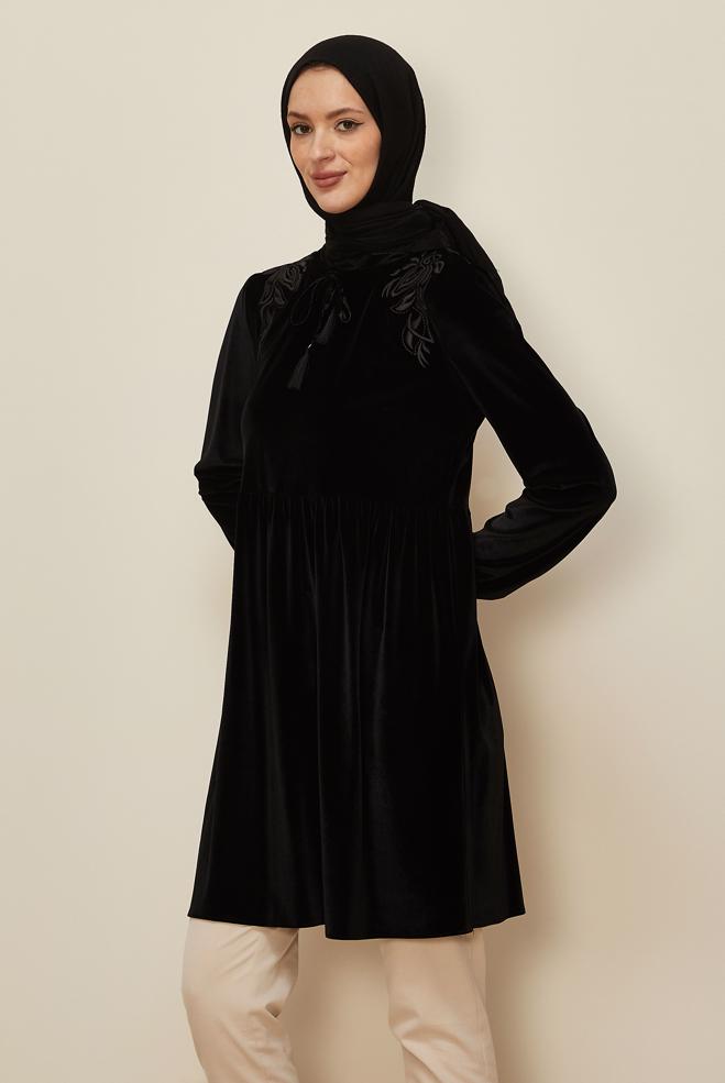 Vêtements hijab NOIR TUNIQUE EN VELOURS À TAILLE-HAUTE 40388  - ALVİNA