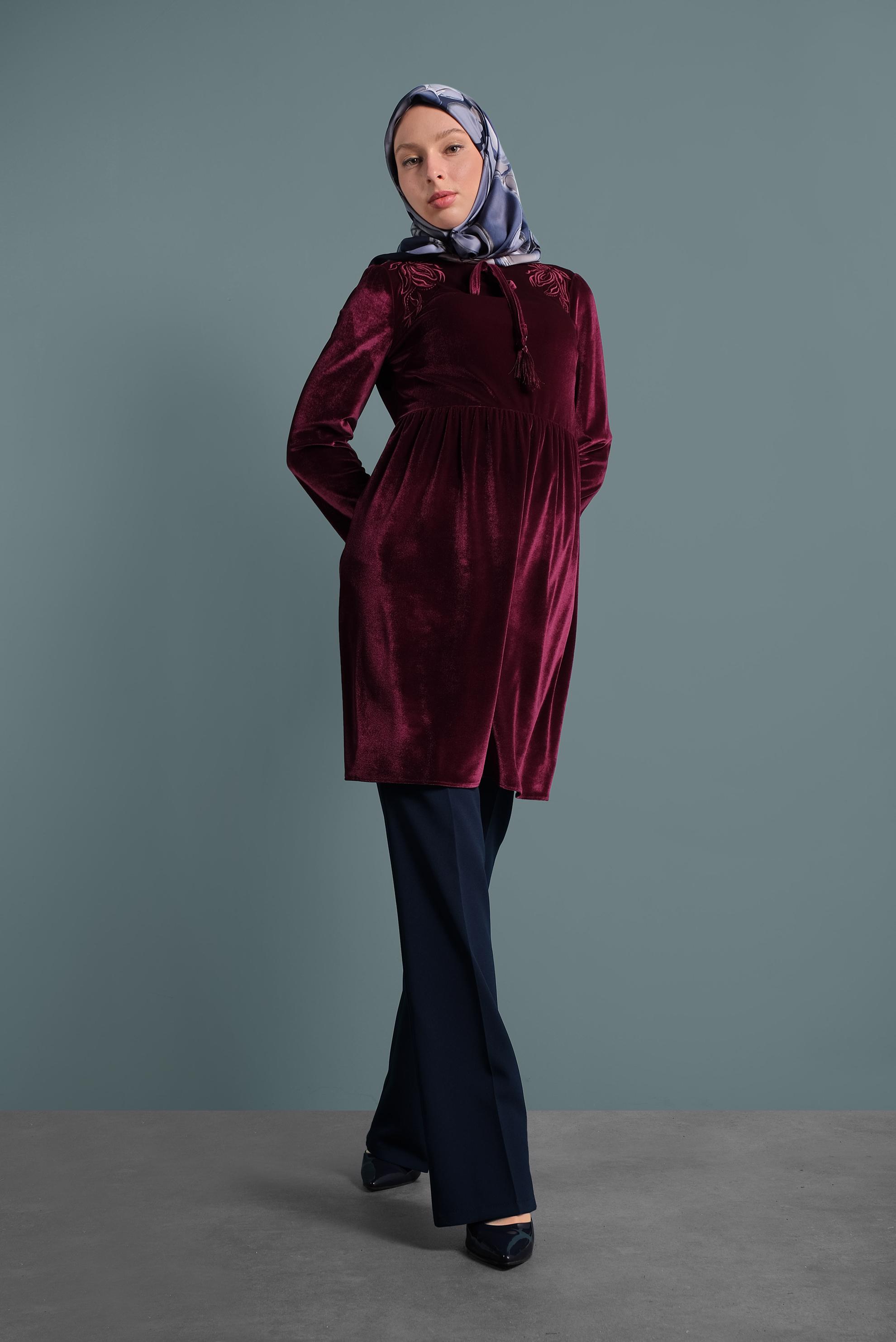 Tesettür giyim BORDO KADİFE YÜKSEK BEL TUNİK 40388 