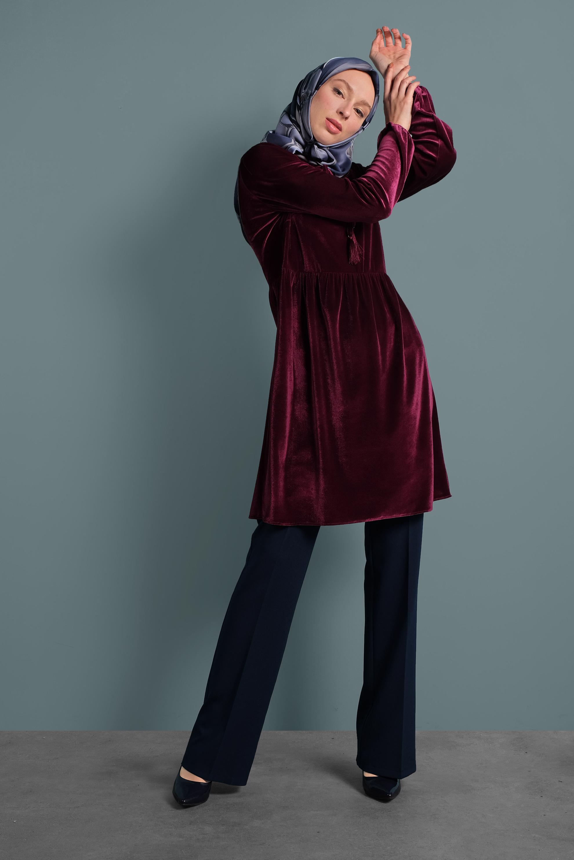 Tesettür giyim BORDO KADİFE YÜKSEK BEL TUNİK 40388 