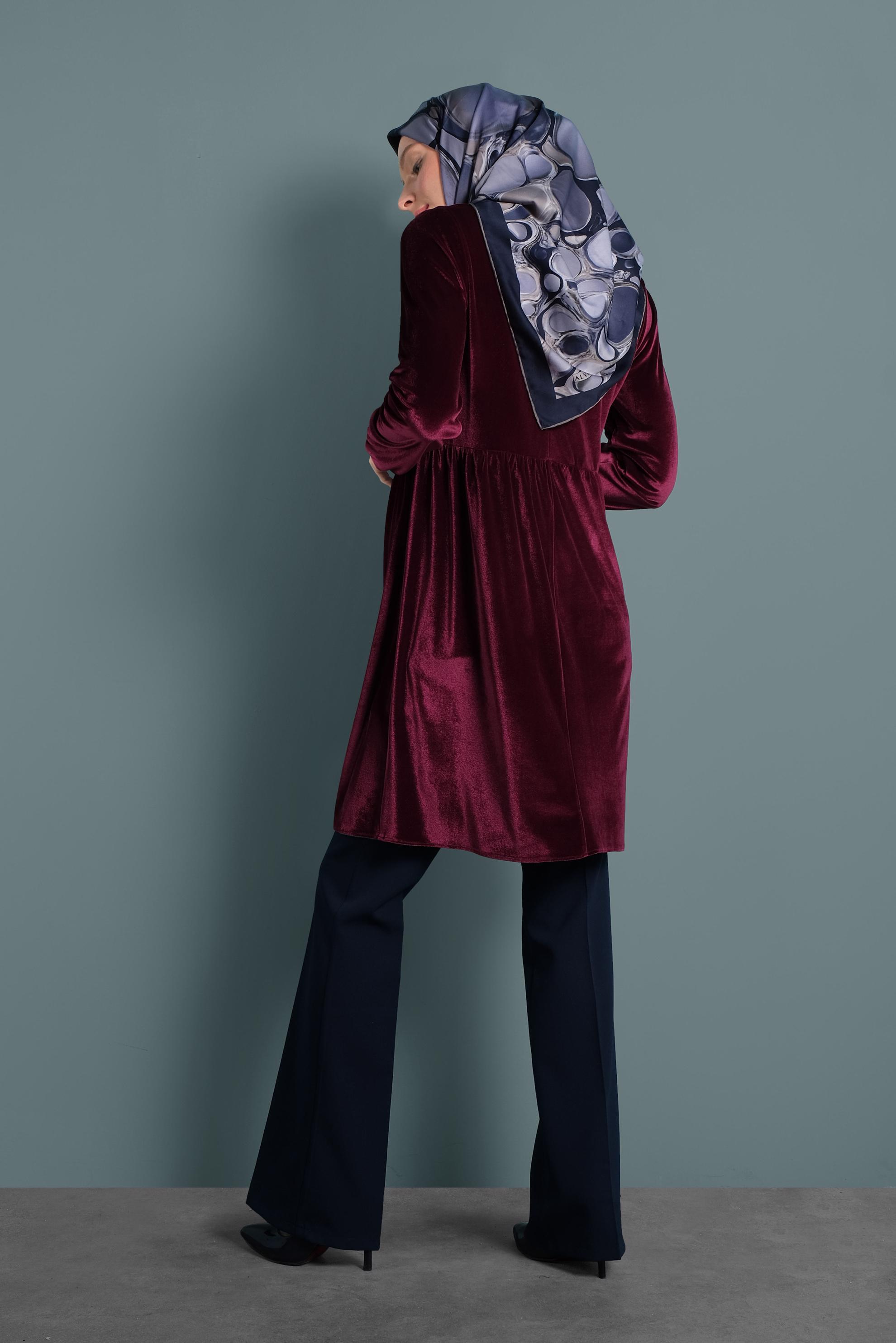 Tesettür giyim BORDO KADİFE YÜKSEK BEL TUNİK 40388 