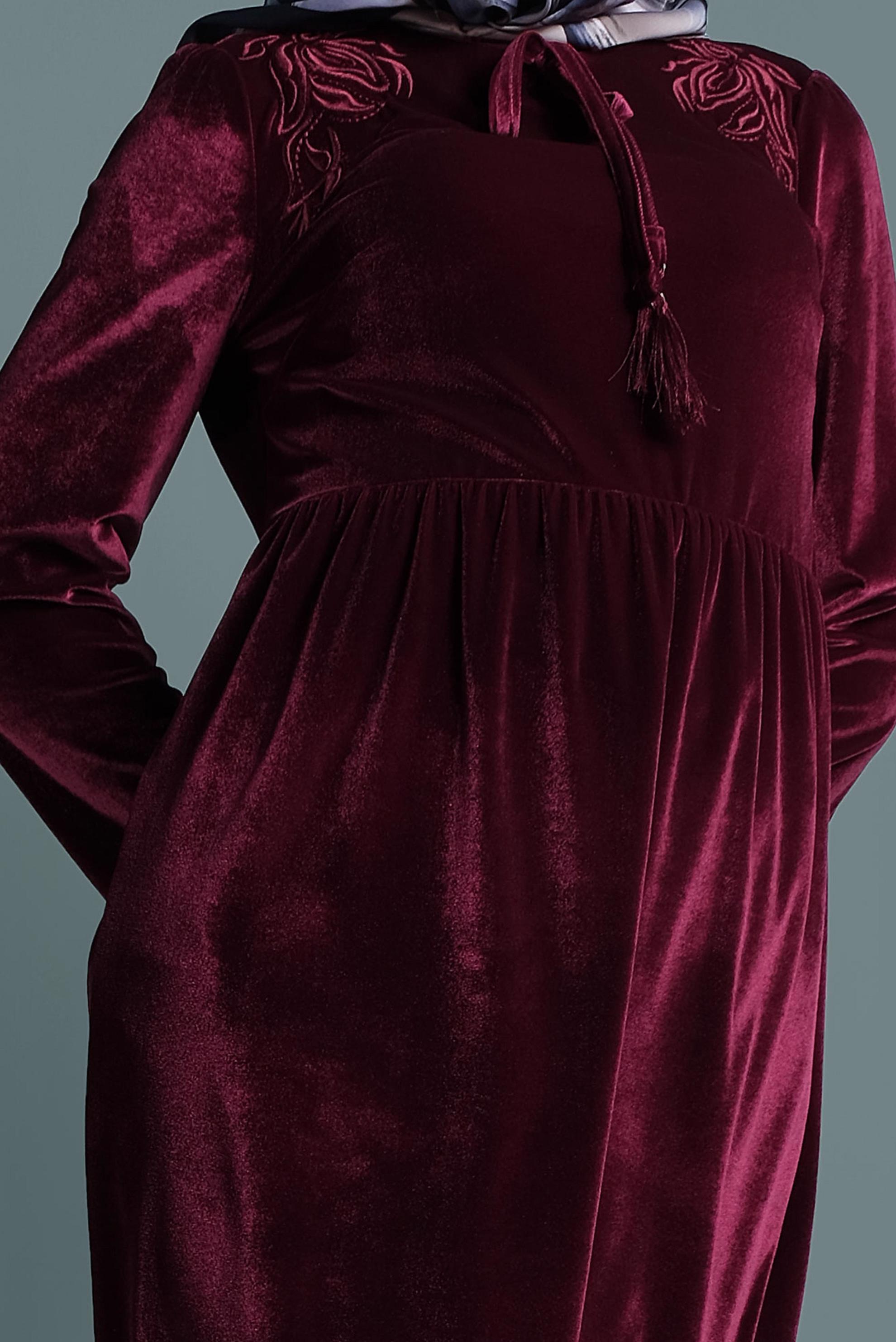 Tesettür giyim BORDO KADİFE YÜKSEK BEL TUNİK 40388 