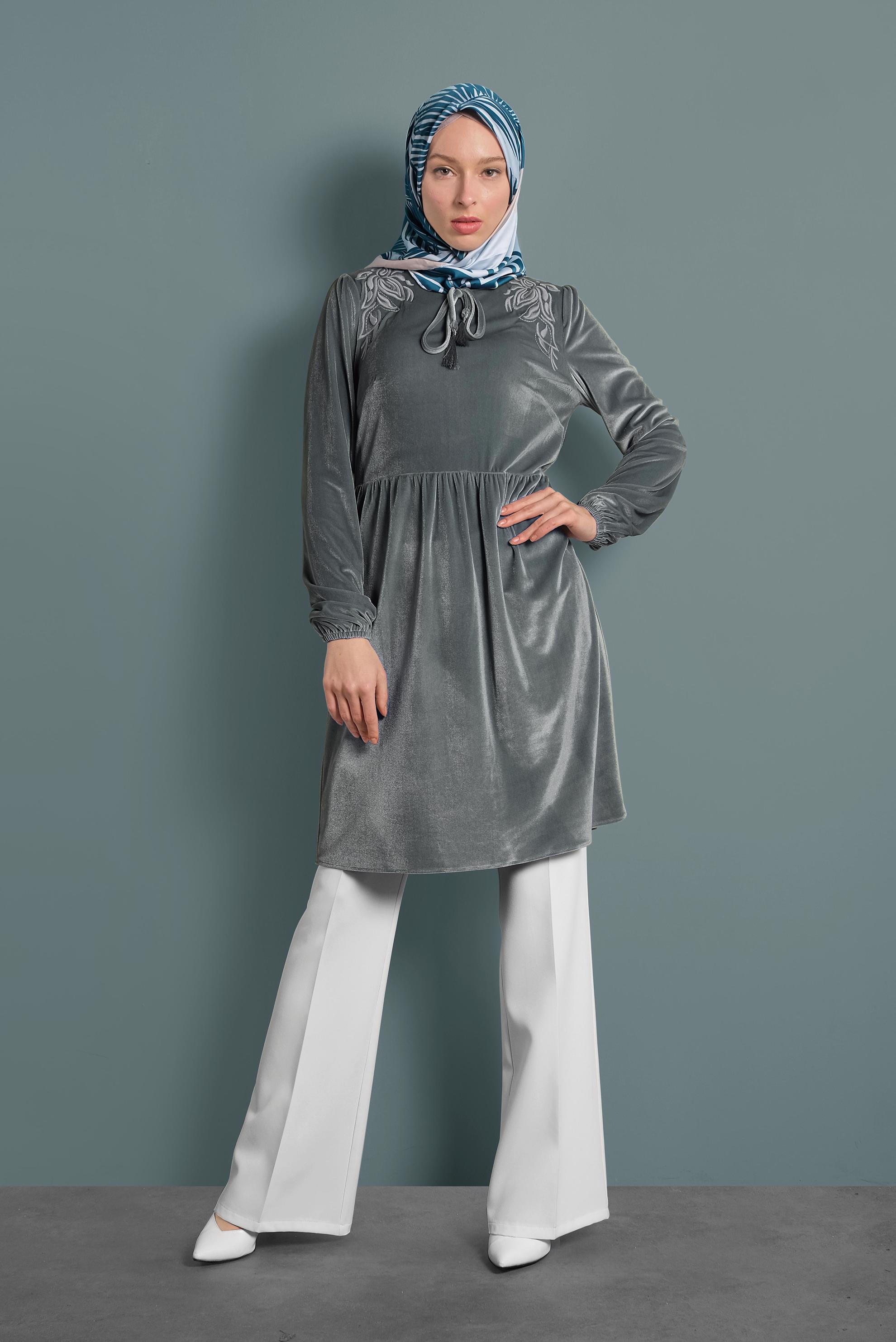 Tesettür giyim GÜMÜŞ KADİFE YÜKSEK BEL TUNİK 40388 