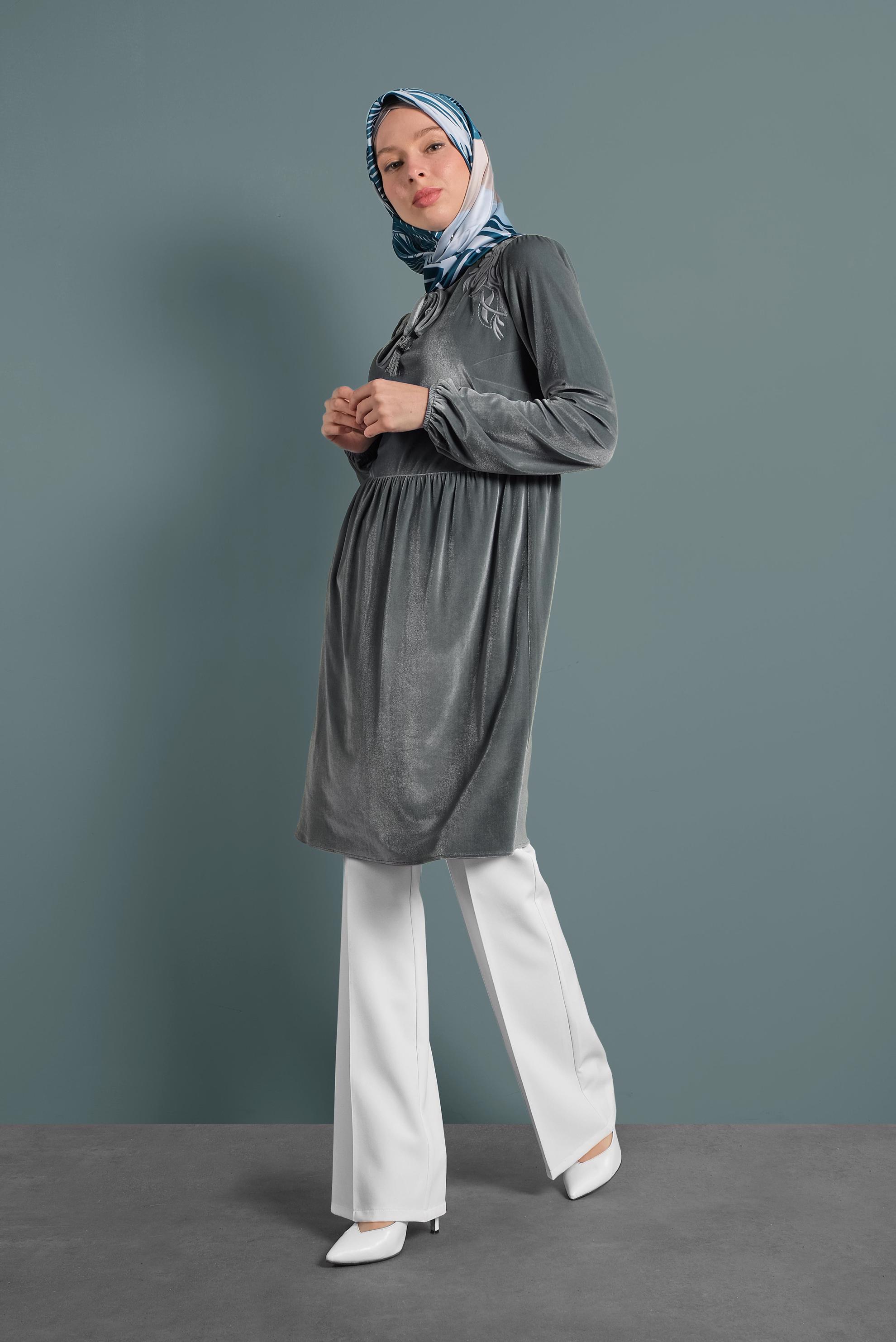 Tesettür giyim GÜMÜŞ KADİFE YÜKSEK BEL TUNİK 40388 