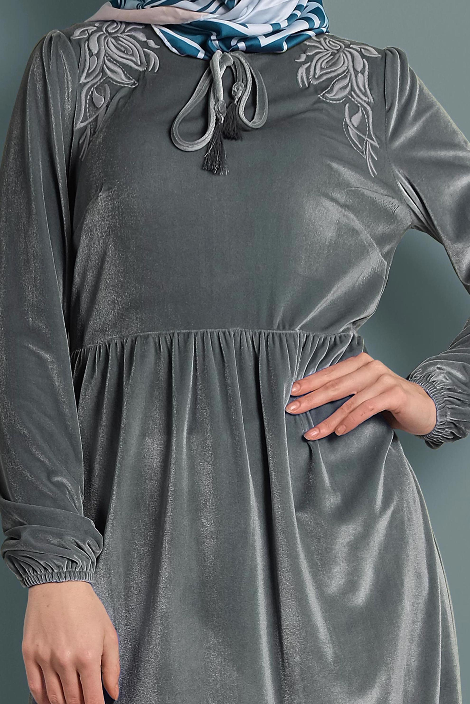 Tesettür giyim GÜMÜŞ KADİFE YÜKSEK BEL TUNİK 40388 