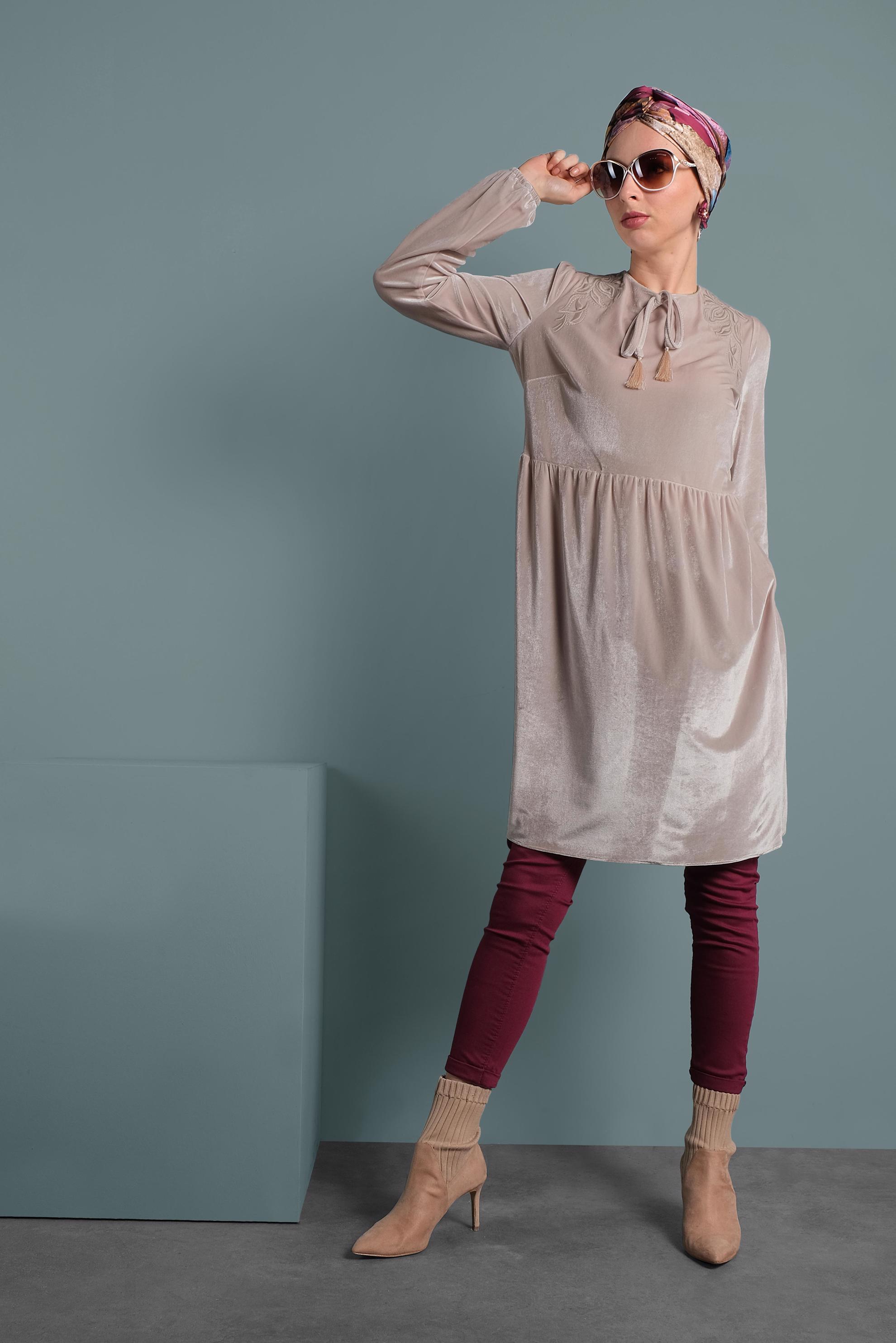 Tesettür giyim PEMBE KADİFE YÜKSEK BEL TUNİK 40388 